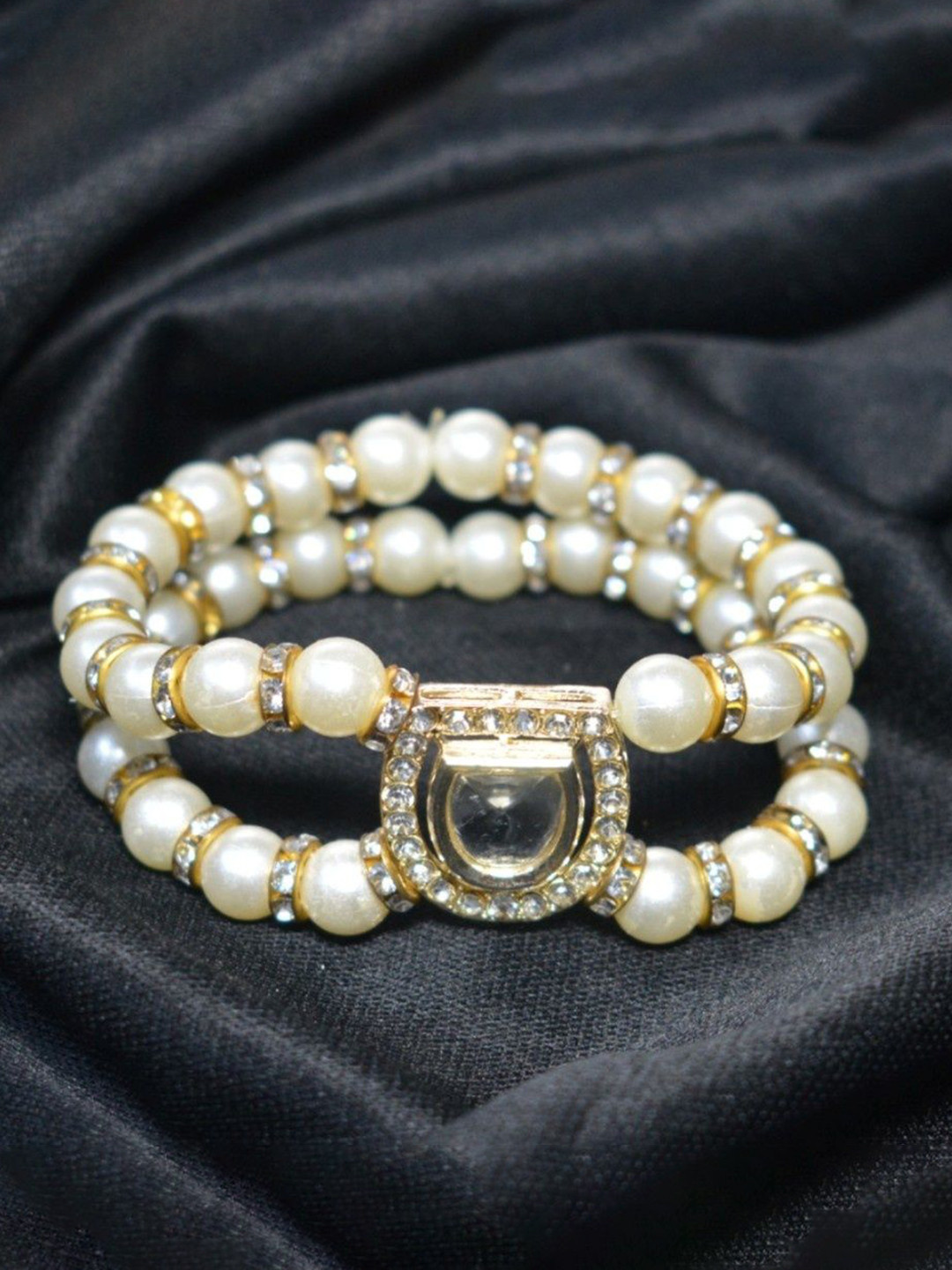 Ravi creation Sterling Silver-Plated Stones Studded & Beaded Wraparound Bracelet