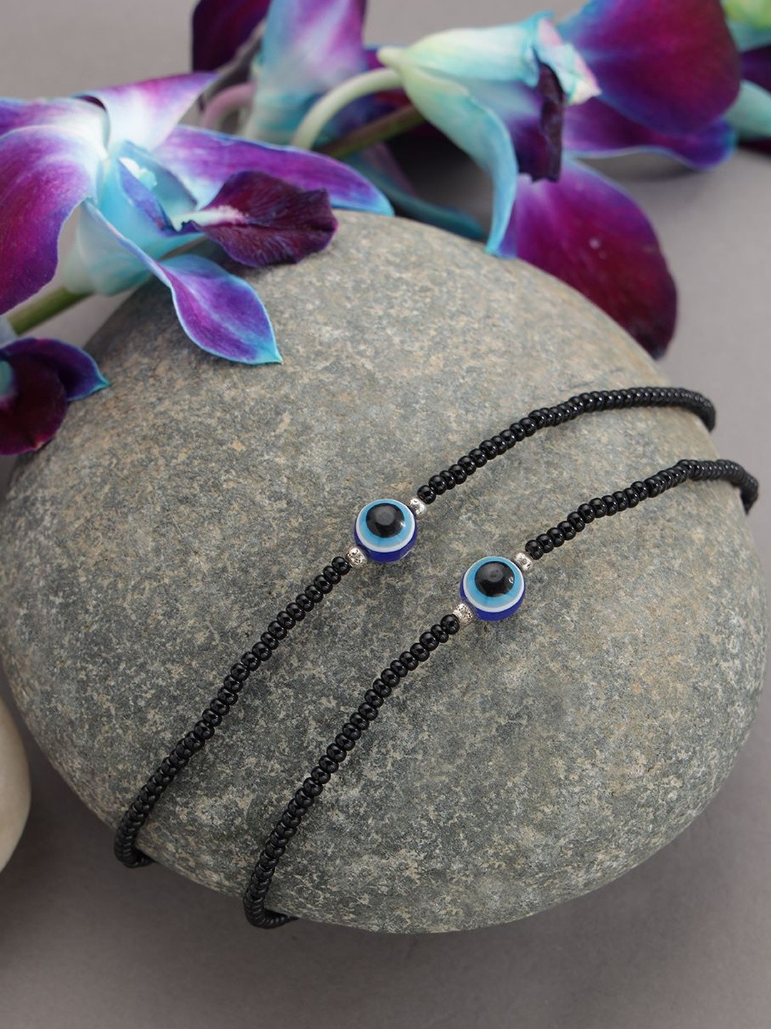 Anouk Unisex Pair Of Silver-Plated  Artificial Beads And Evil Eye German Silver Anklet