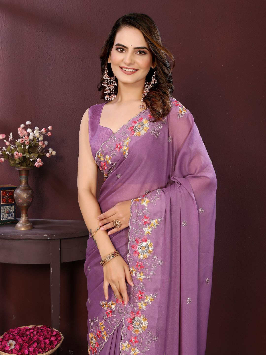 House of Pataudi Floral Embroidered Sequinned Georgette Saree With Unstitched Blouse