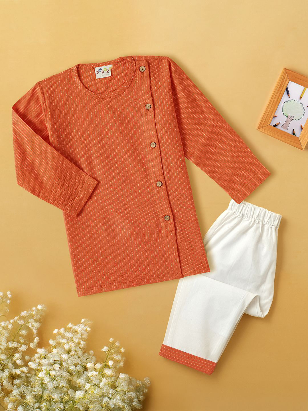 Desi Soota Boys Orange Side Cut Katha Stitched Woven Design Pure Cotton Kurta With Pyjamas
