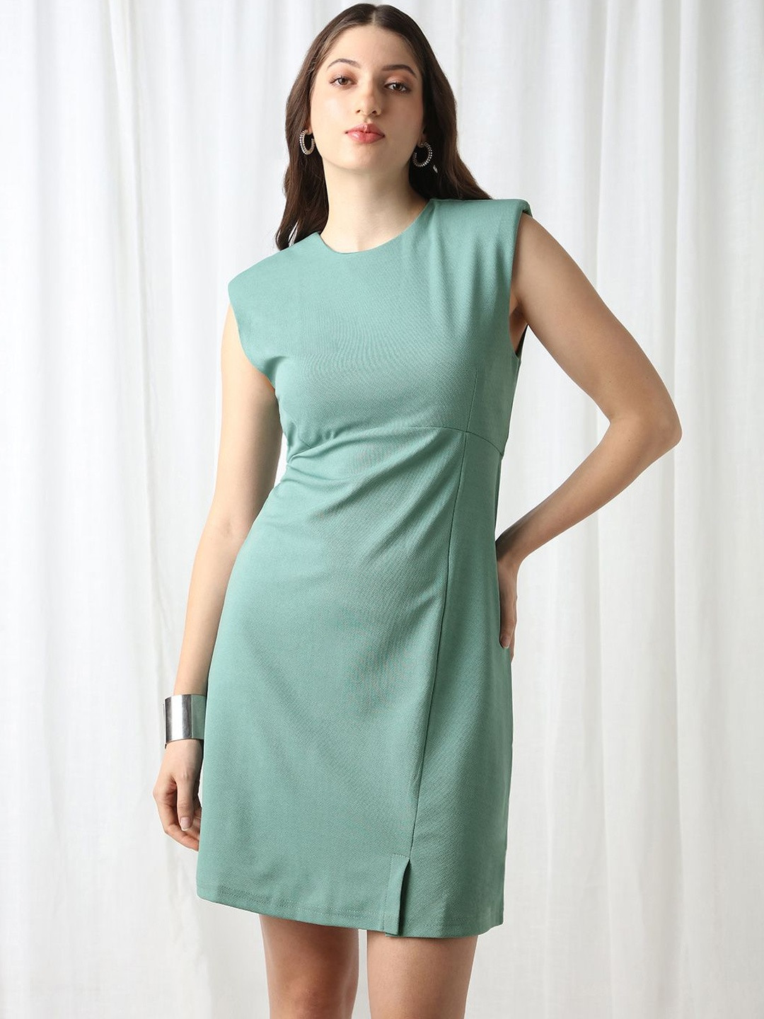 Globus Self Design Green Round Neck Formal Sheath Mini Workwear