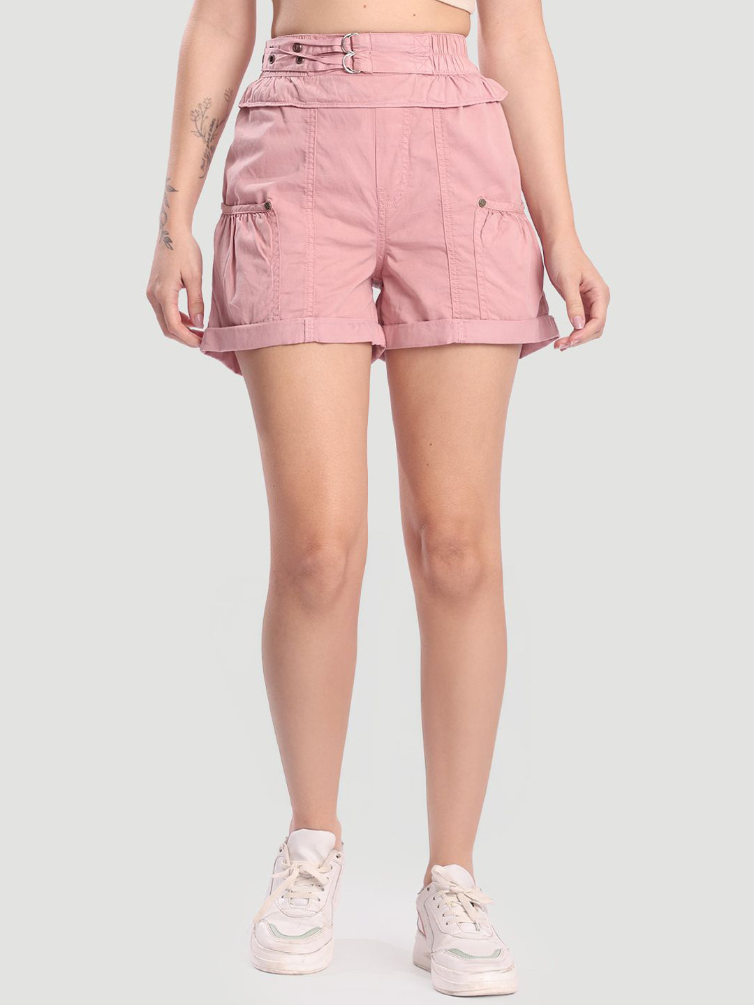 Bene Kleed Women Relaxed Shorts with frilled waist band and Straps