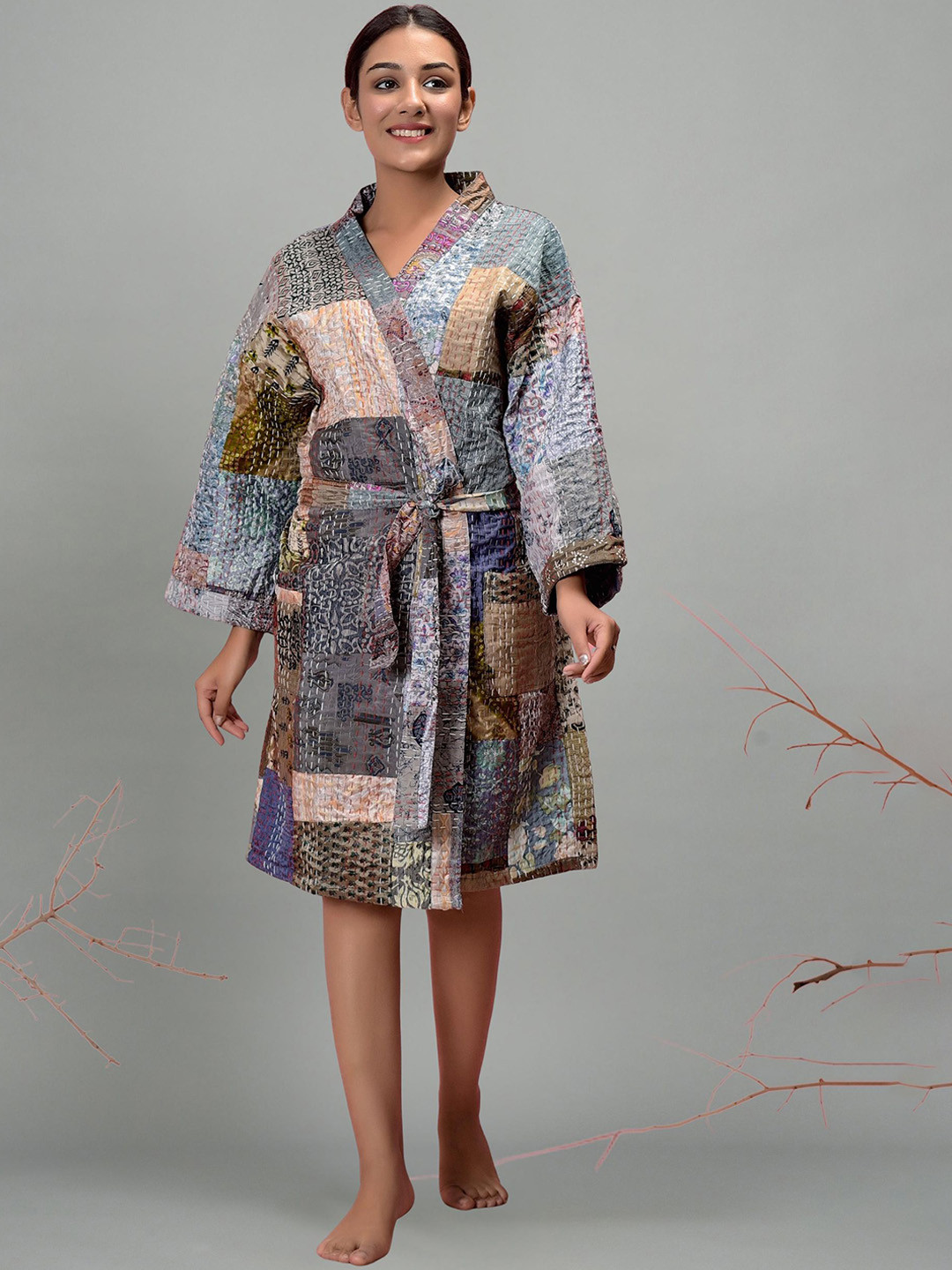 HANDICRAFT PALACE Floral Printed Thread Work Silk Bathrobe