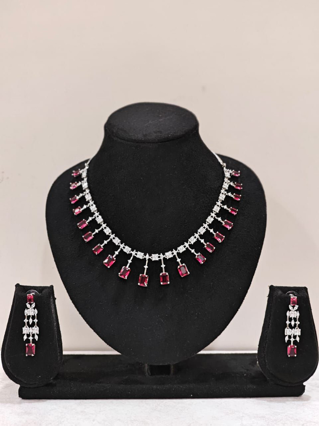 THEPANDASTOREE Silver-Plated American Diamond Necklace Set with Earrings Brass Base