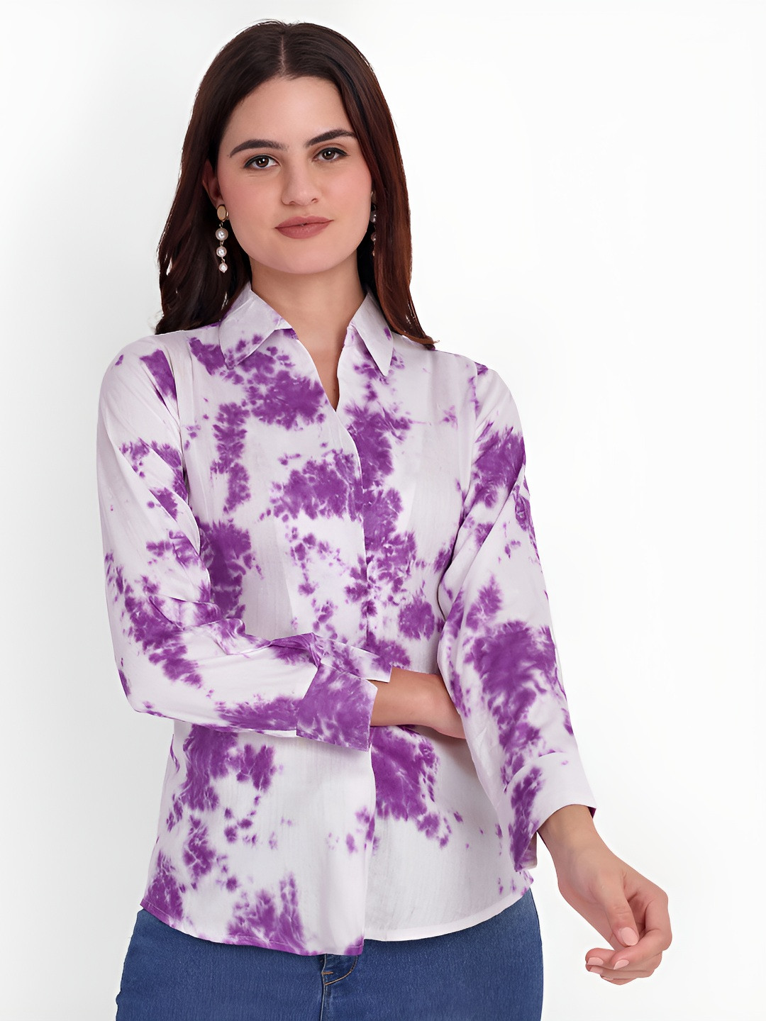 FNOCKS Women Tie and Dye Shirt Collar Full Sleeve Cotton Shirt Top
