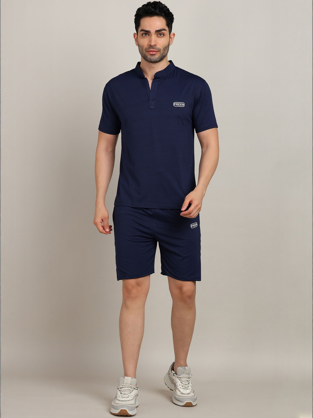 Men Navy Blue T-shirt and Shorts Set