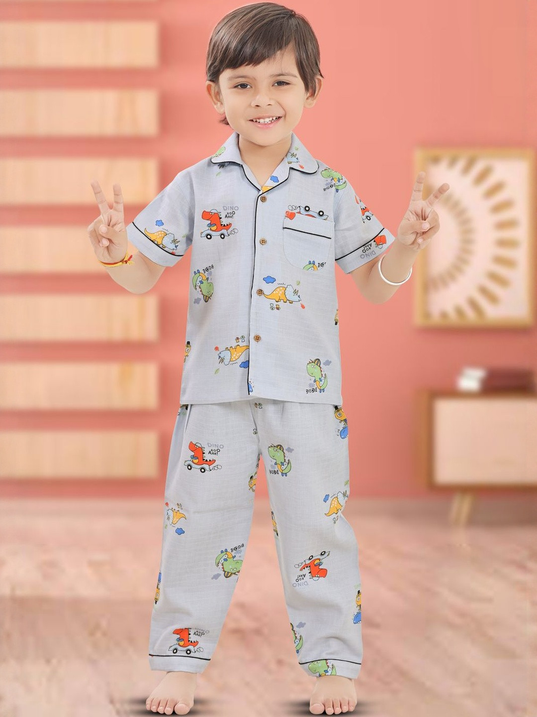 BABY CLOSET Unisex Kids Blue Pure Cotton Printed Night suit
