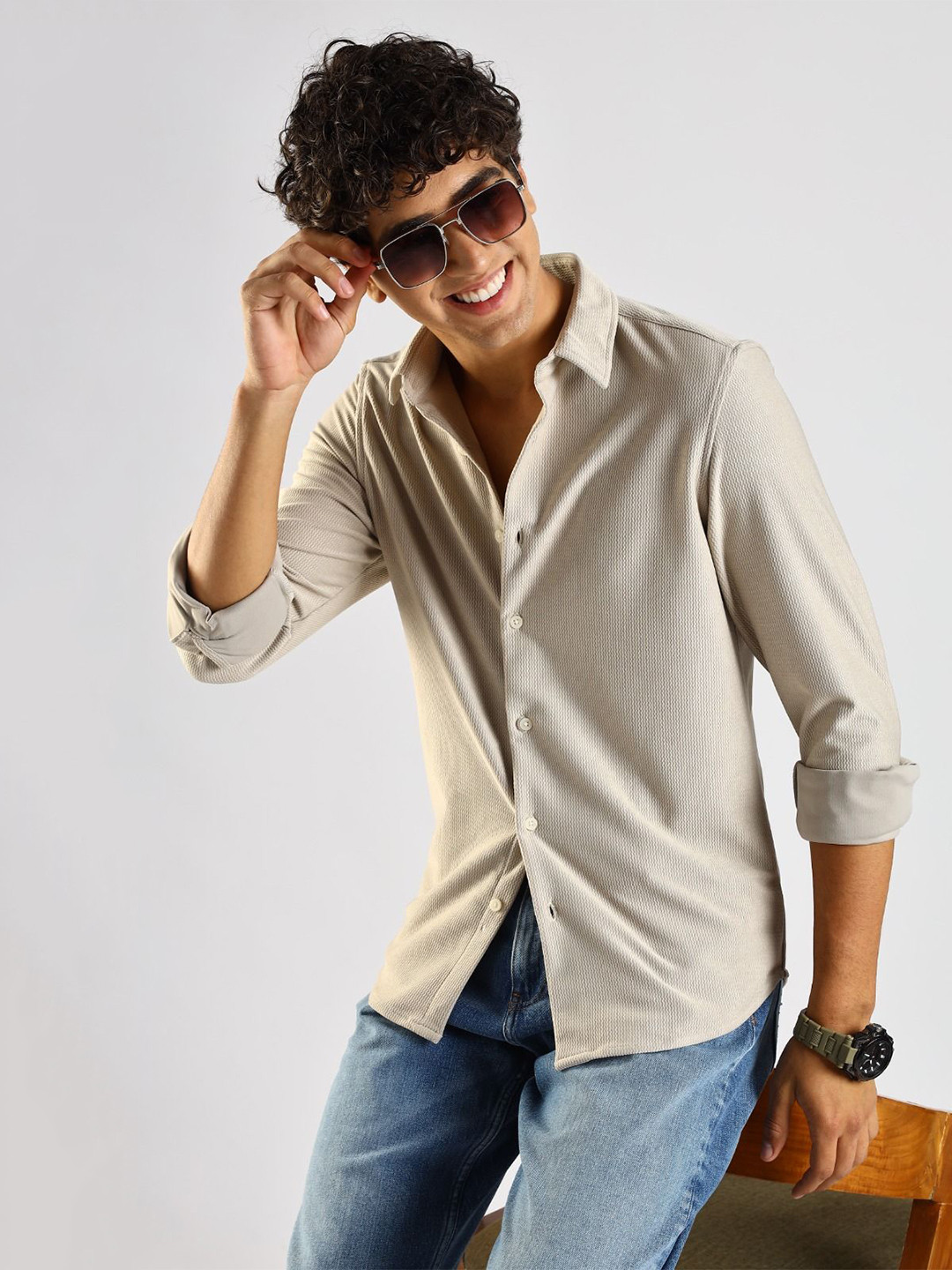 Blu MNKY Textured Spread Collar Polycotton Classic Slim Fit Casual Shirt