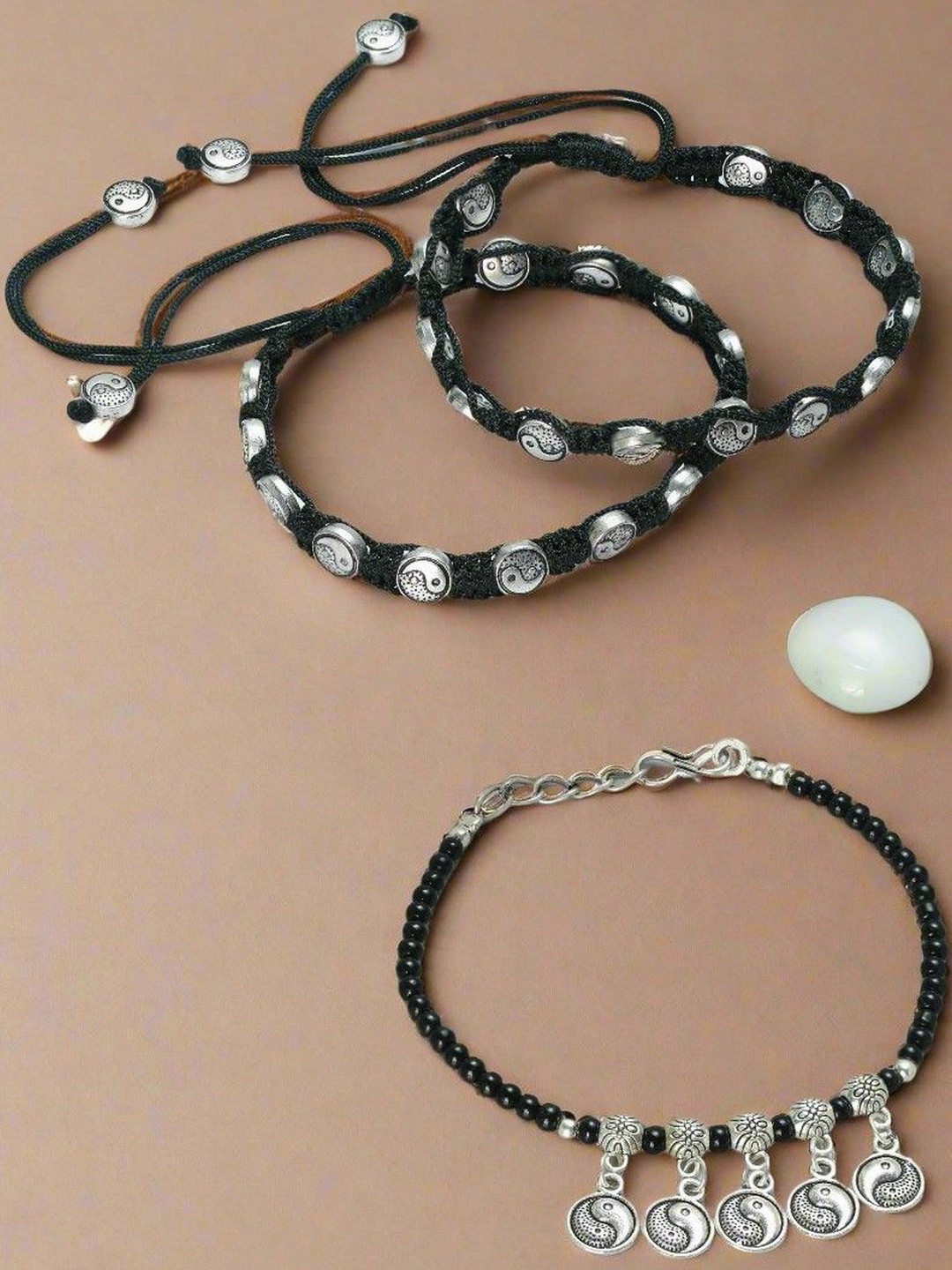 Anouk Women Set of 3 Silver-Plated Artificial Stones and Beads Anklets & Bracelet