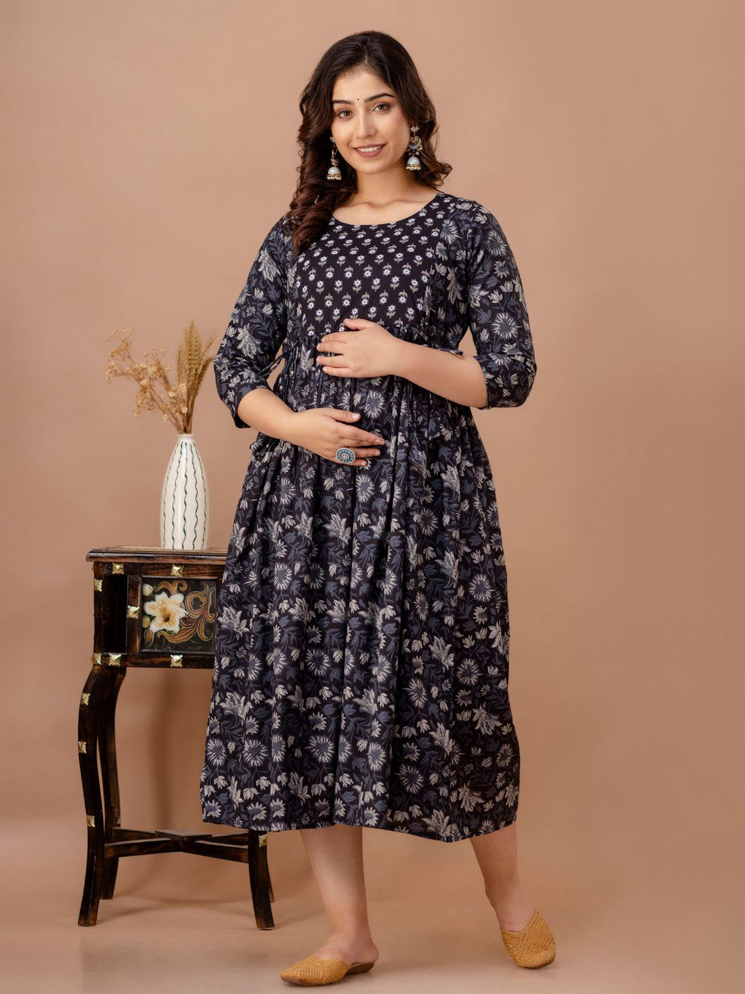 Step Queen Floral Printed Gotta Patti Maternity Anarkali Ethnic Dress
