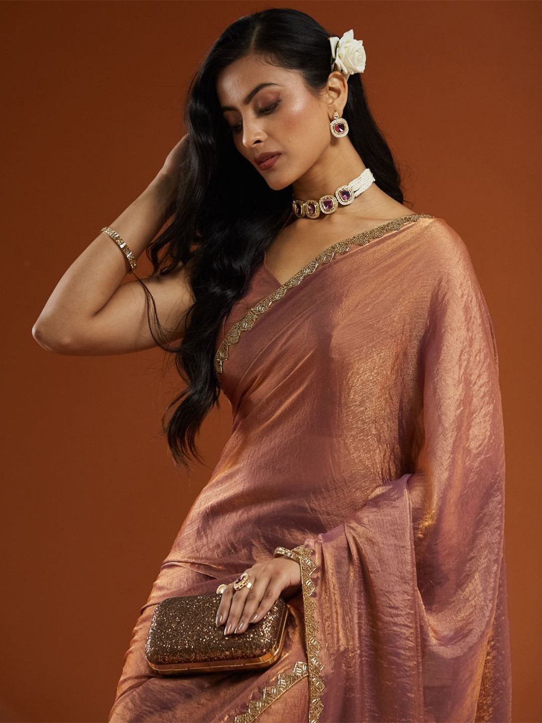 PD Cloth Villa Sequinned Embellished Border Pure Chiffon Saree