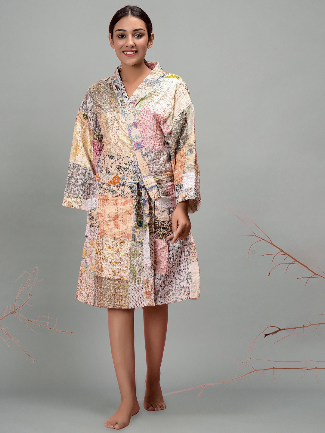 HANDICRAFT PALACE Floral Printed Thread Work Silk Bathrobe