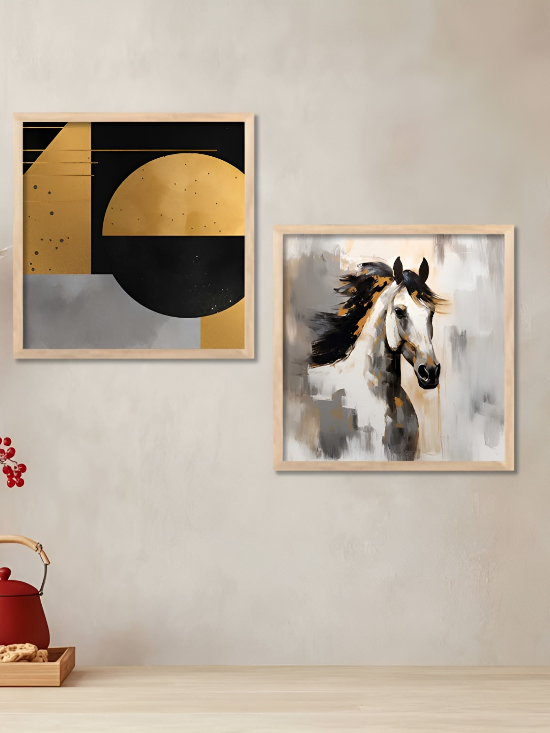 Kotart Black & White 2 Pieces Horse Wooden Square Wall Arts