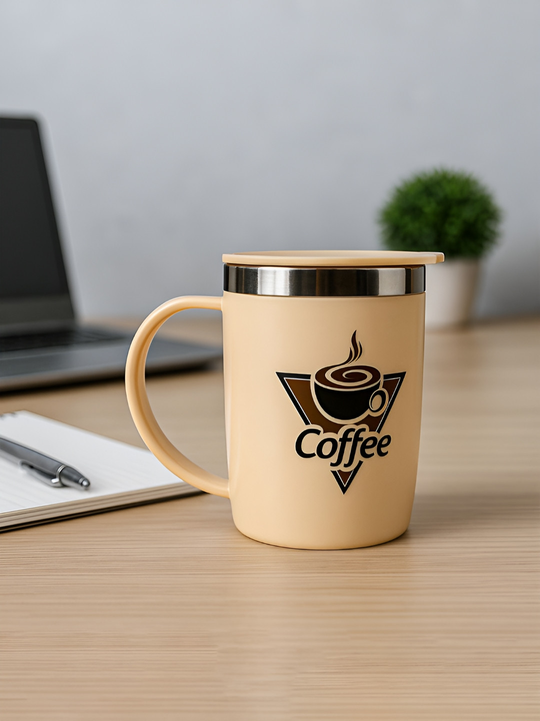 Aura Cream-Coloured & Brown Printed Insulated Matte Mugs 400 ml