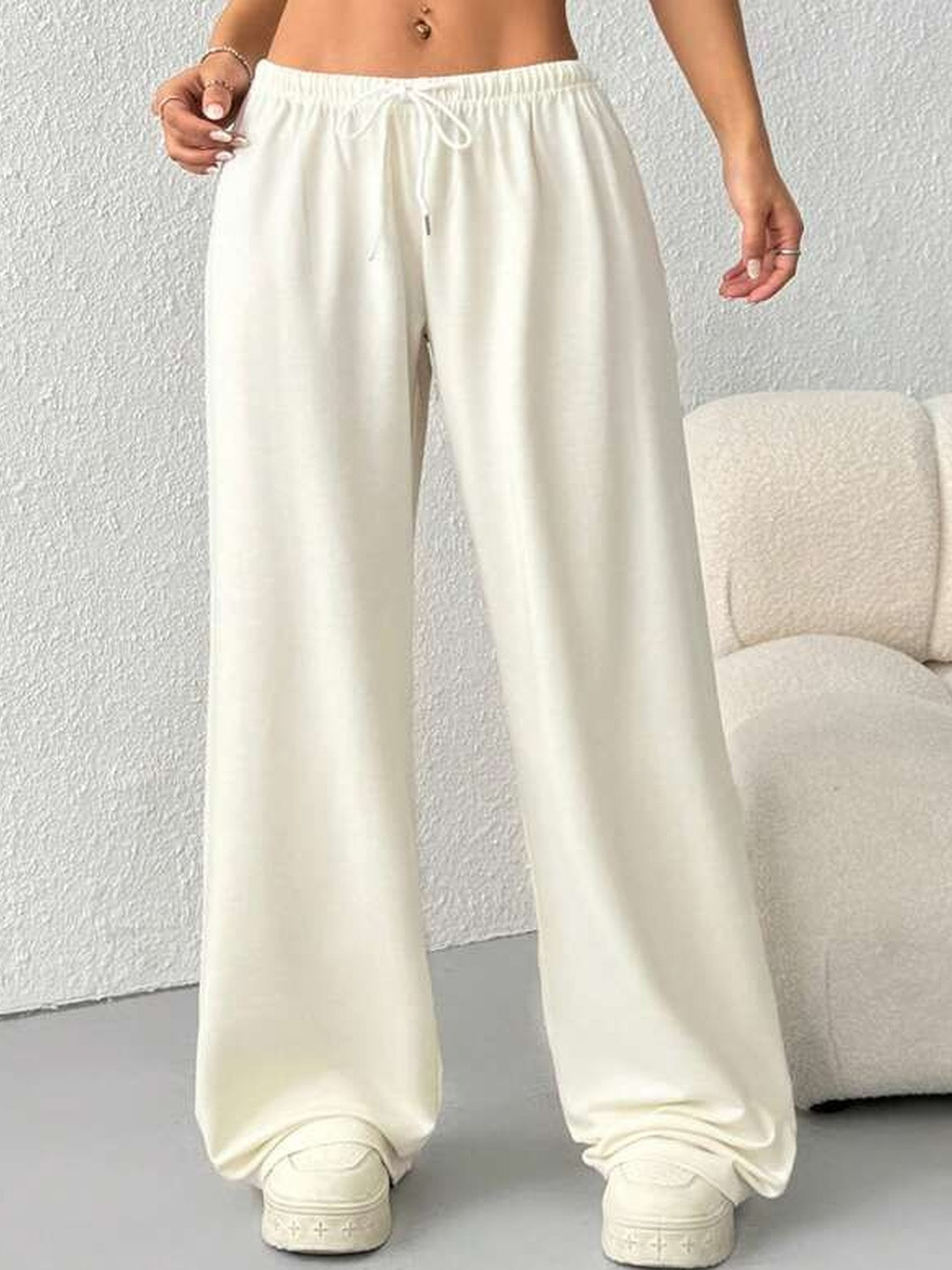 SZN Women Cream Loose Fit Wide Leg Trousers