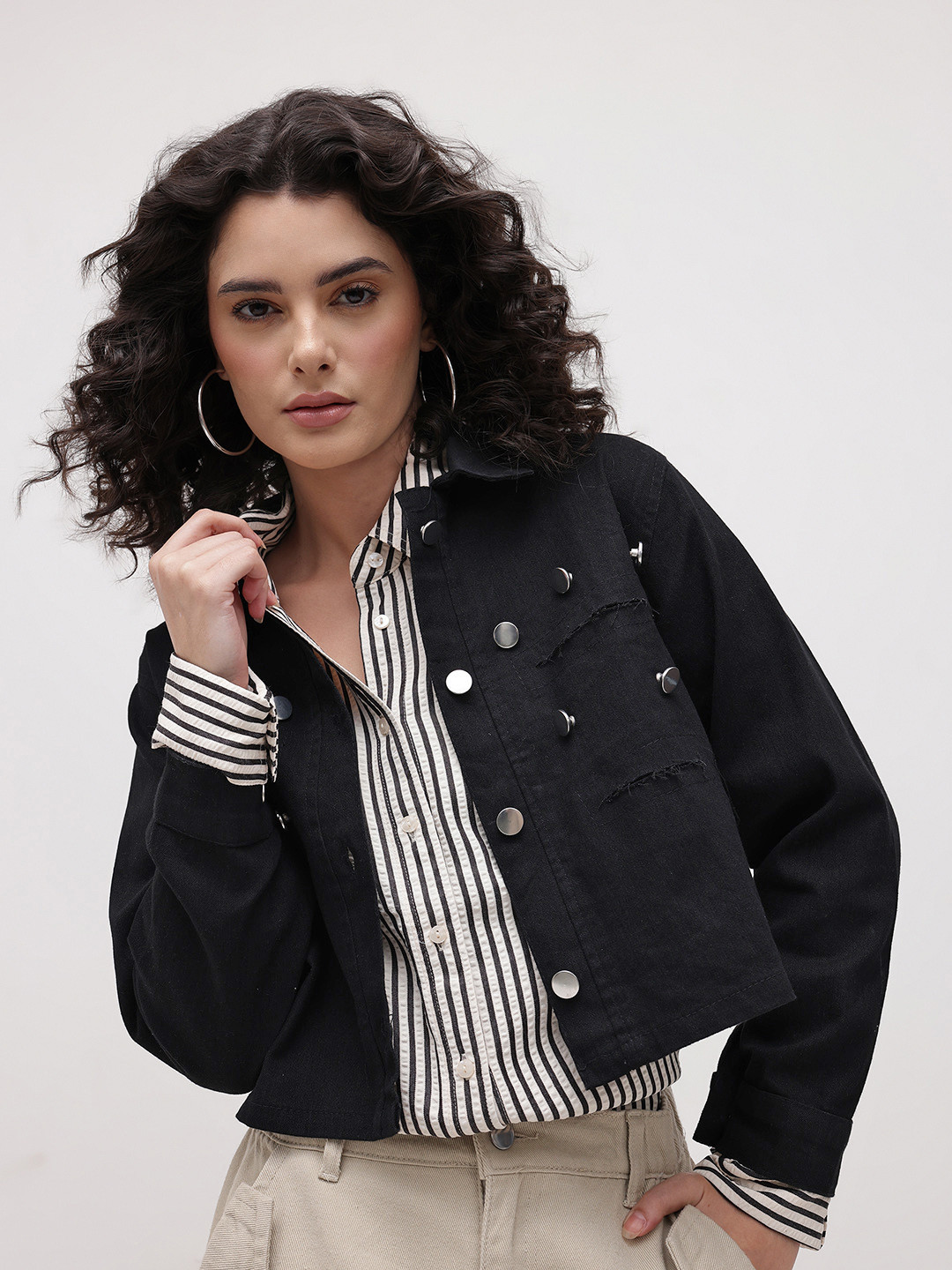 The Roadster Life Co. Spread Collar Button Studded Crop Denim Jacket