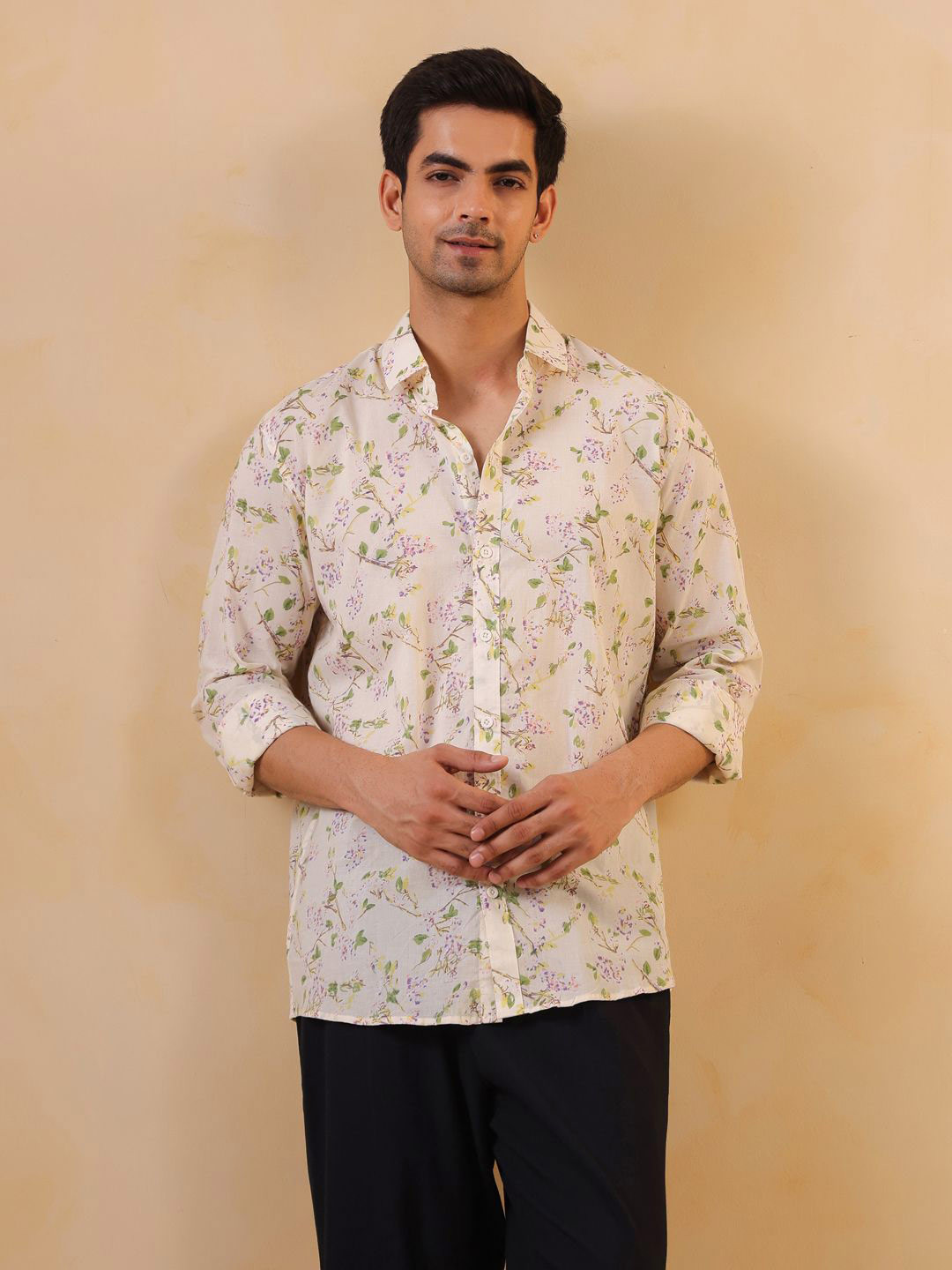 TRULOOM Relaxed Fit Floral Printed Cotton Band Collar Casual Shirt