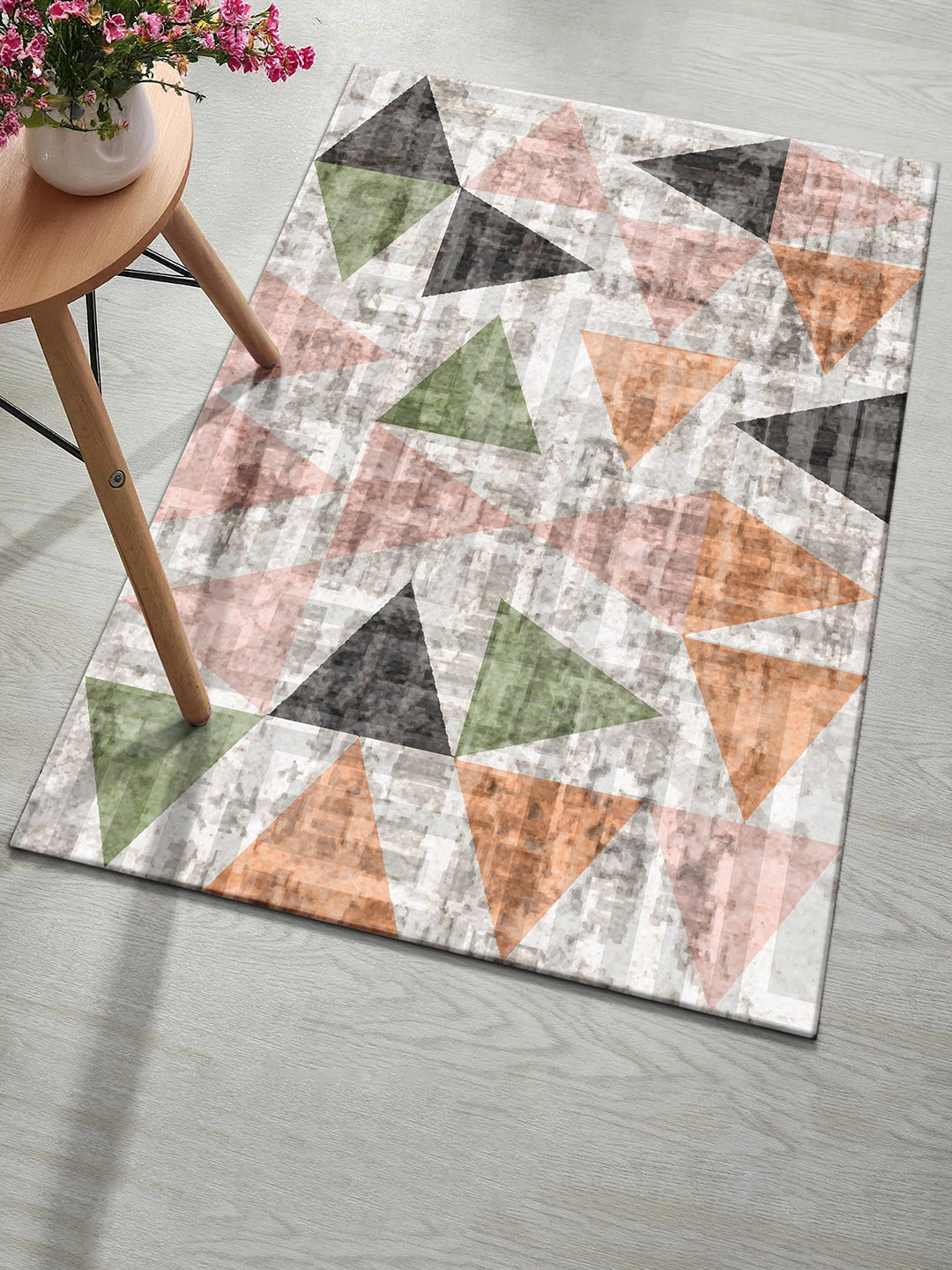 Kaleen India Olive Green Geometric Printed Anti-Skid Washable Carpet