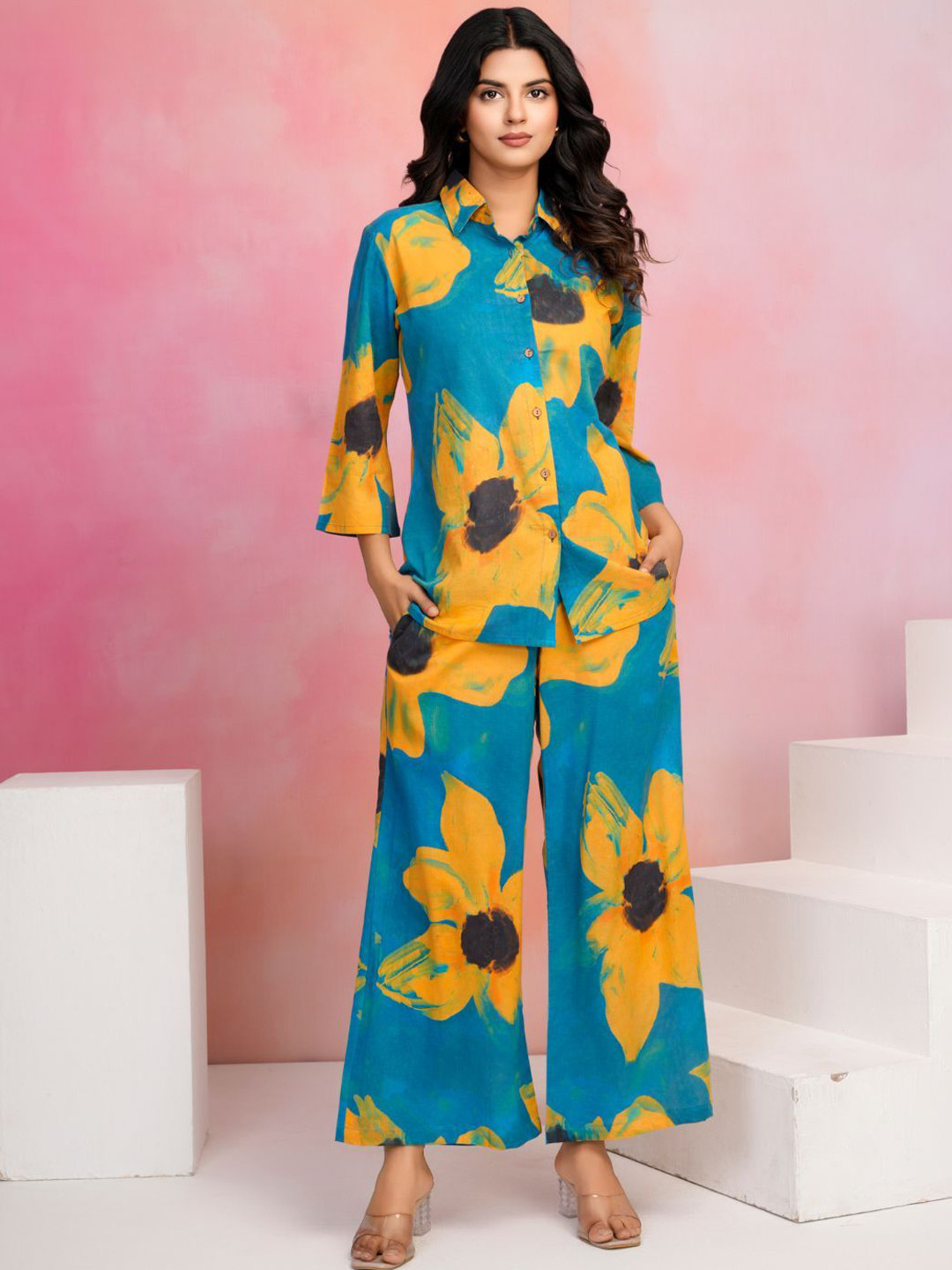 ETC Sunflower Motif Printed Cambric-Cotton Shirt With Palazzo