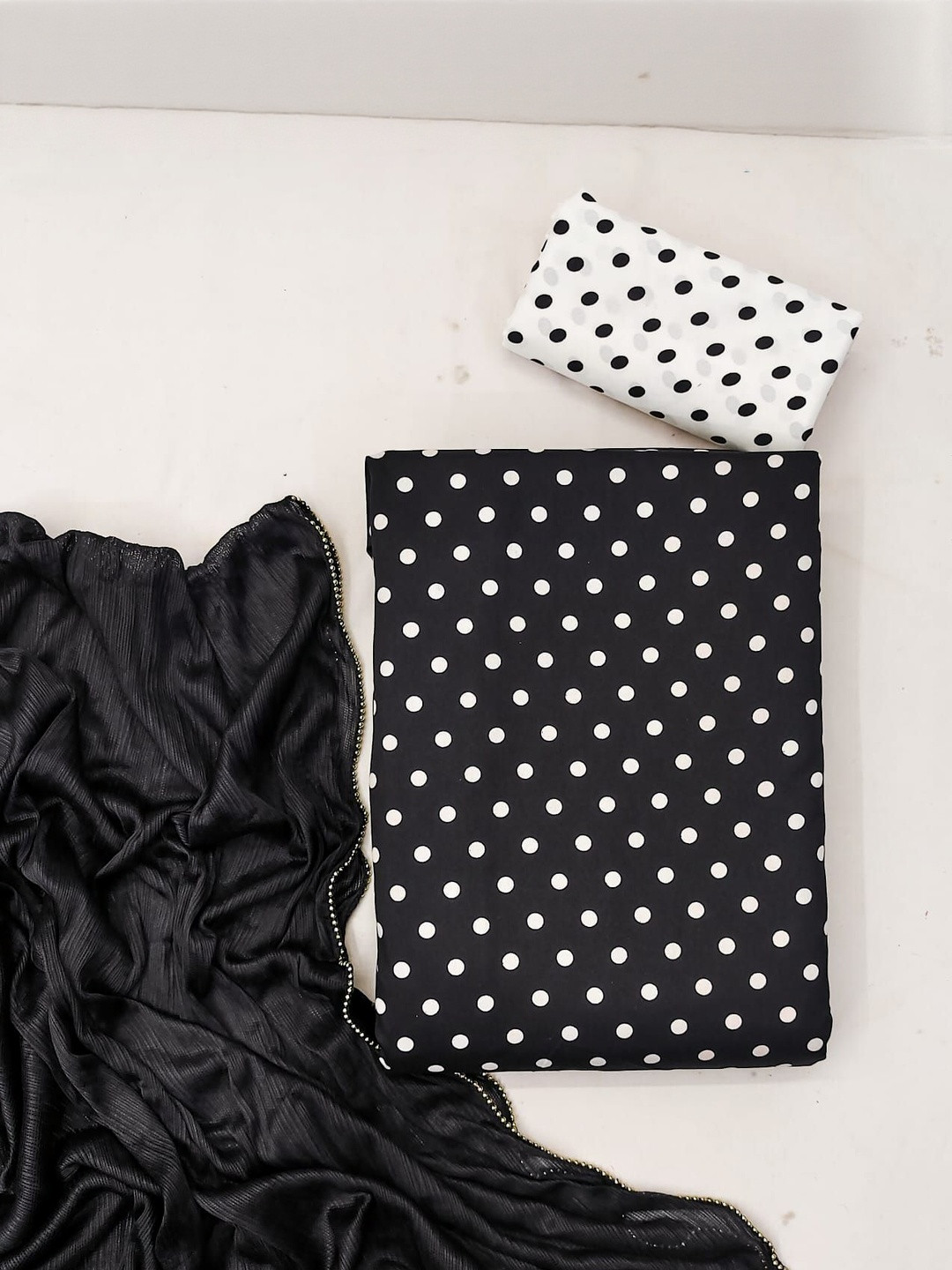 Moda Rapido Women Unstitched Crepe Dress Material with Polka Dot Print and Lycra Dupatta