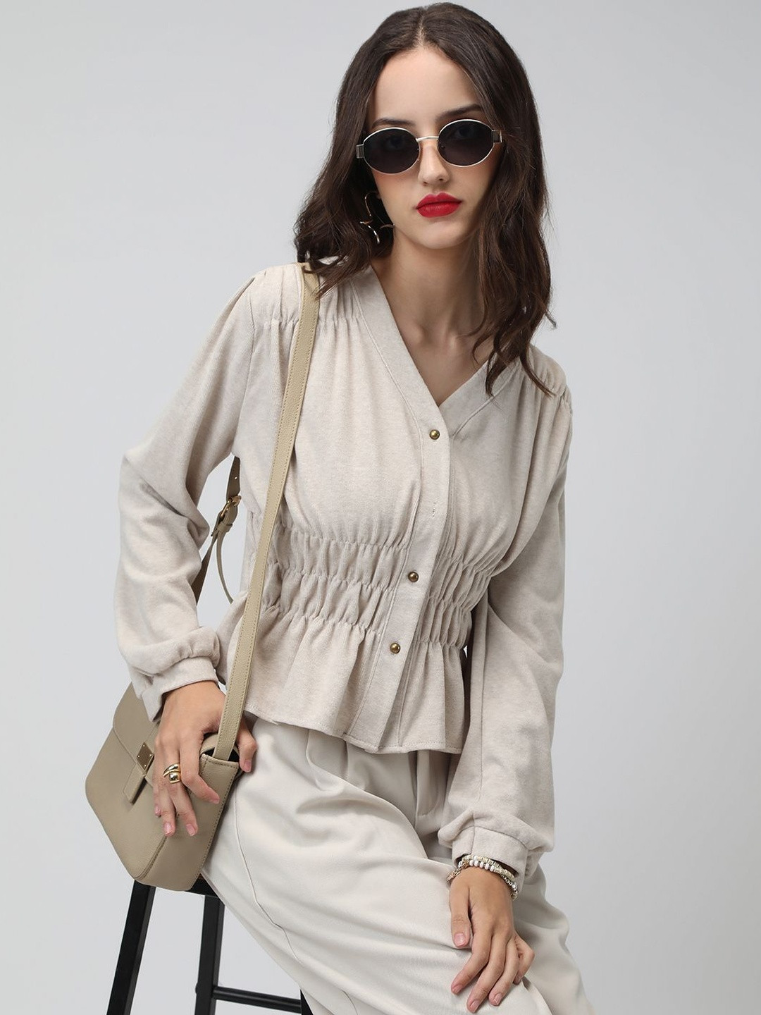 SHOWOFF Women Beige Solid Cotton Tops