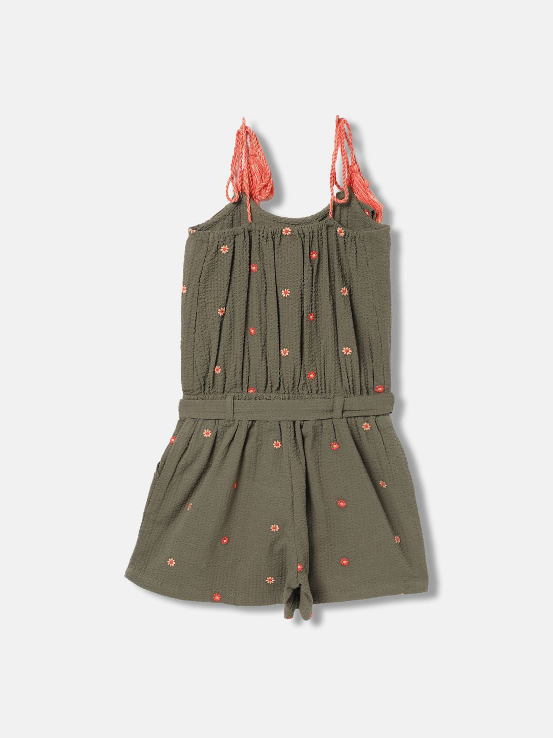 Blue Giraffe Girls Floral Embroidered Ruffle Neck Cotton Jumpsuit