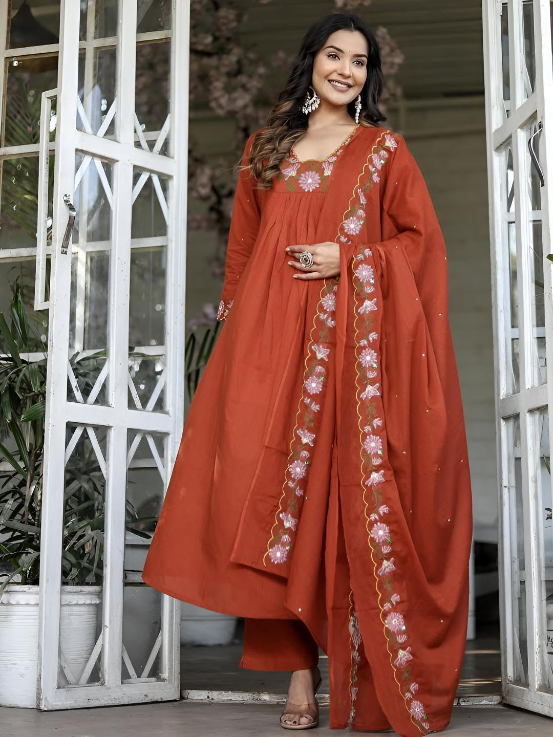 Pantos Floral Embroidered V-Neck Tiered Thread Work Anarkali Kurta With Trousers & Dupatta