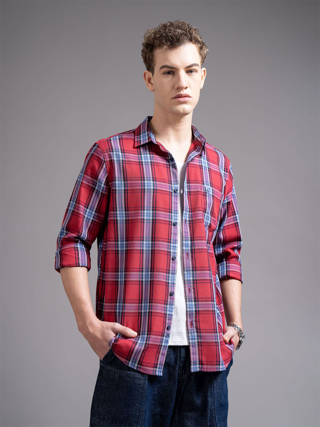 British Club Tartan Checks Spread Collar Cotton Smart Slim Fit  Casual Shirt