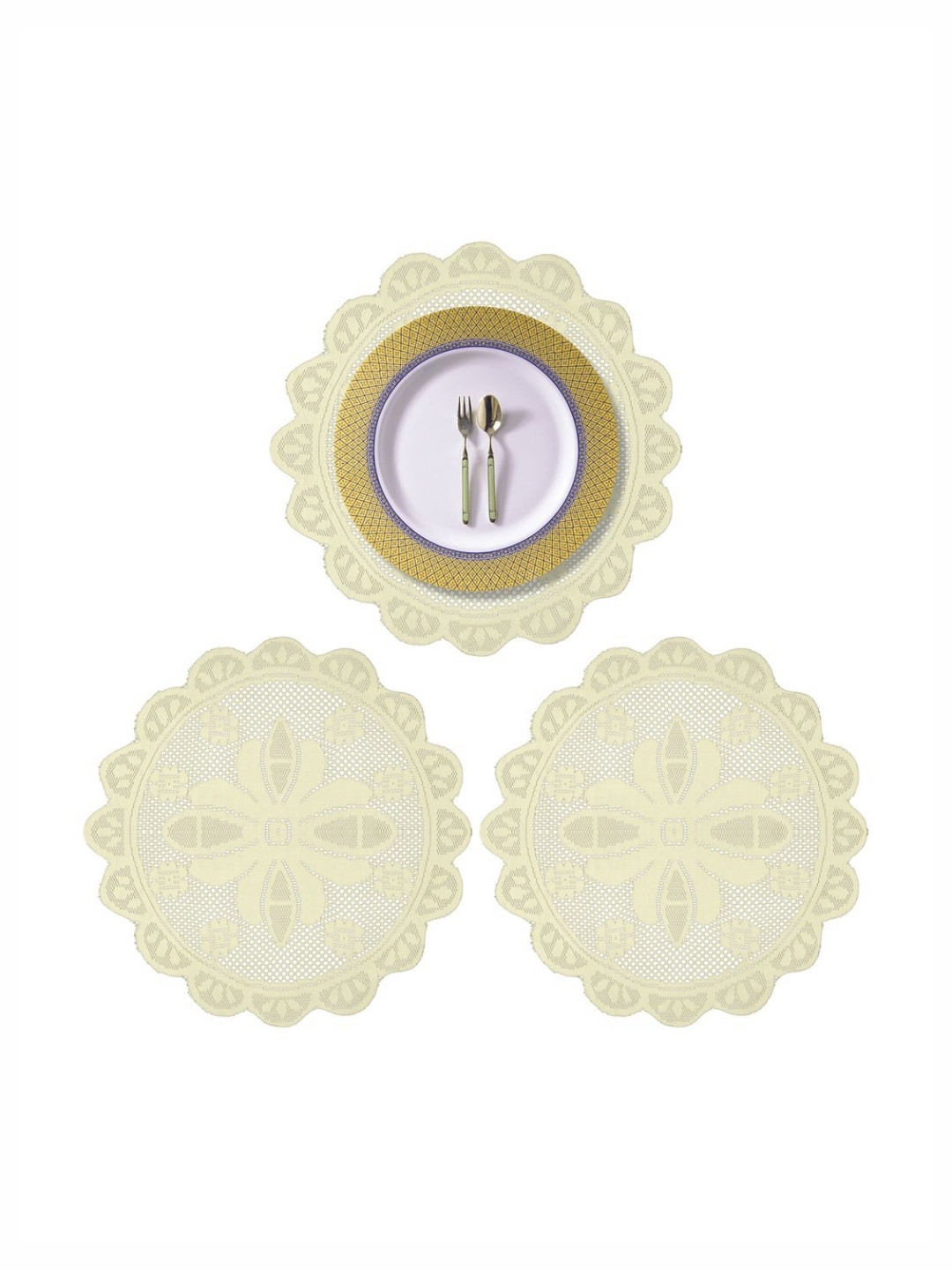 Aura Cream-Coloured 3 Pieces Self-Design Cotton Round Shape Table Placemats