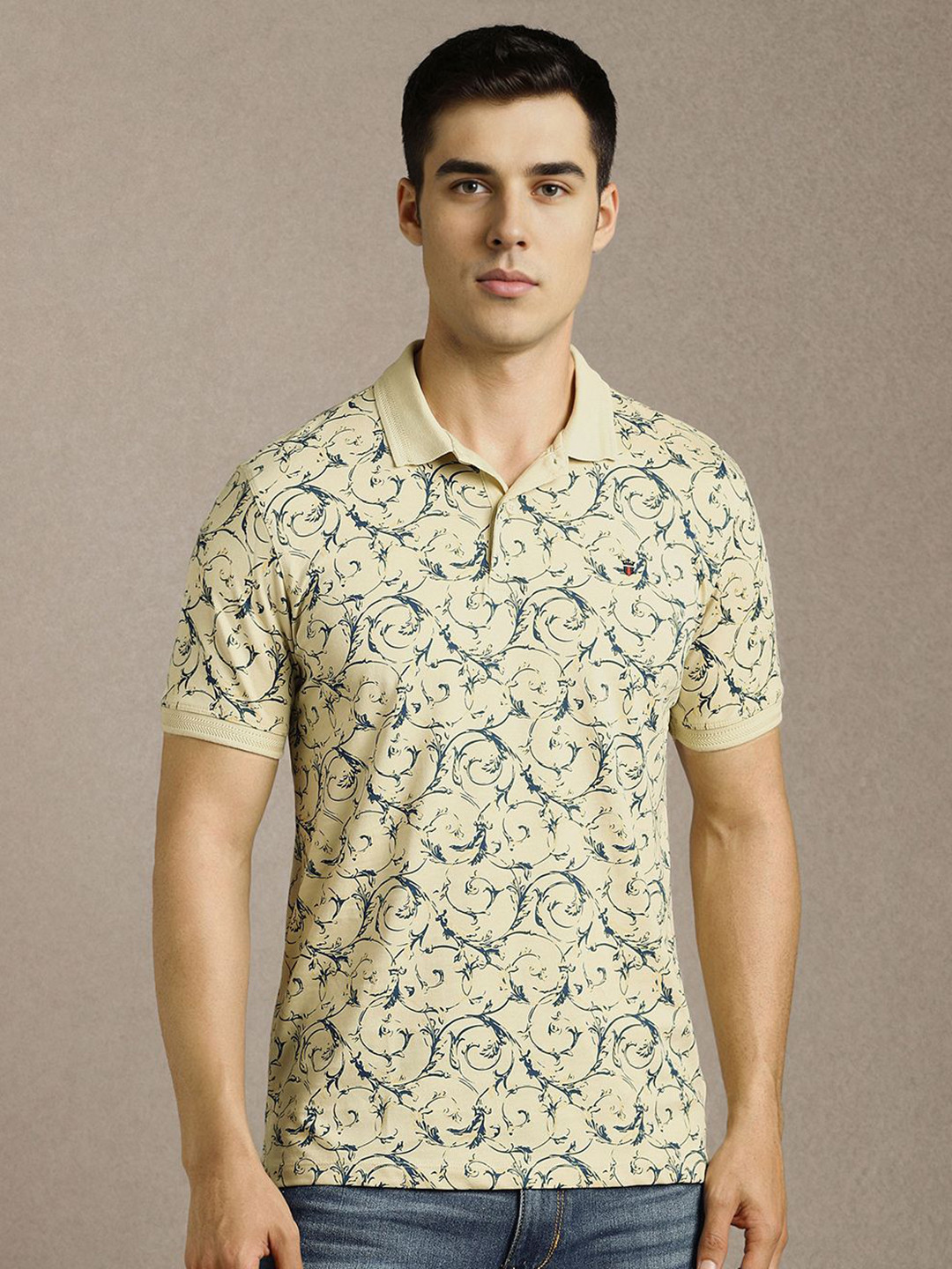 Louis Philippe Jeans Coversational Printed Polo Collar Pure Cotton Slim Fit T-shirt