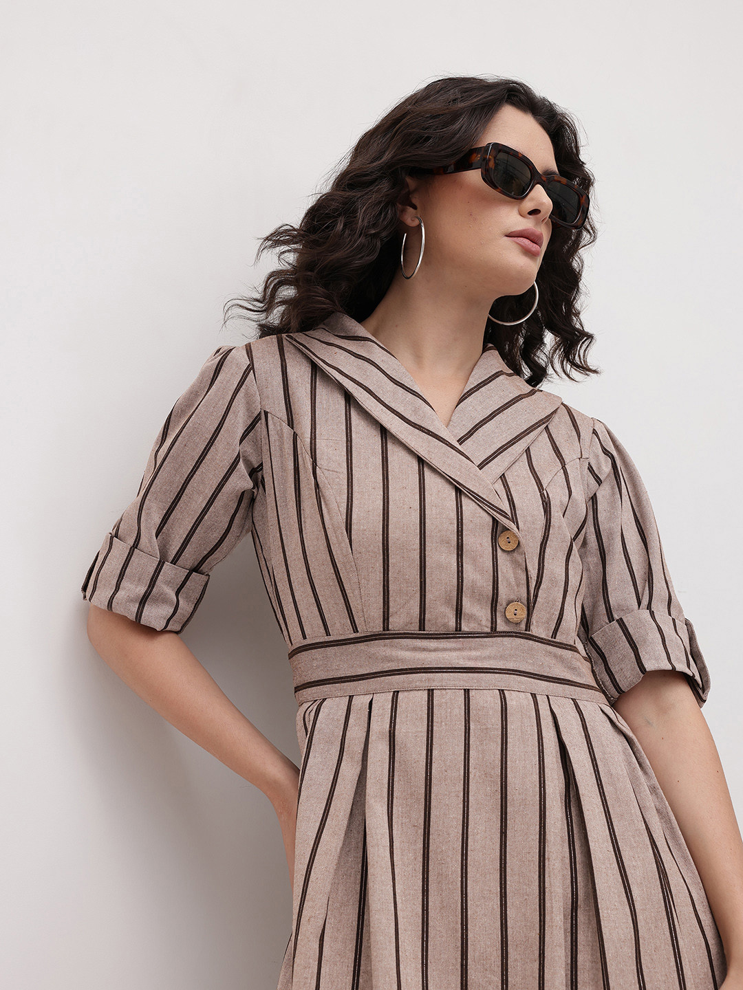 R.Code by The Roadster Life Co. Striped Tie-Up Detail Pure Cotton Wrap Blazer Midi Dress