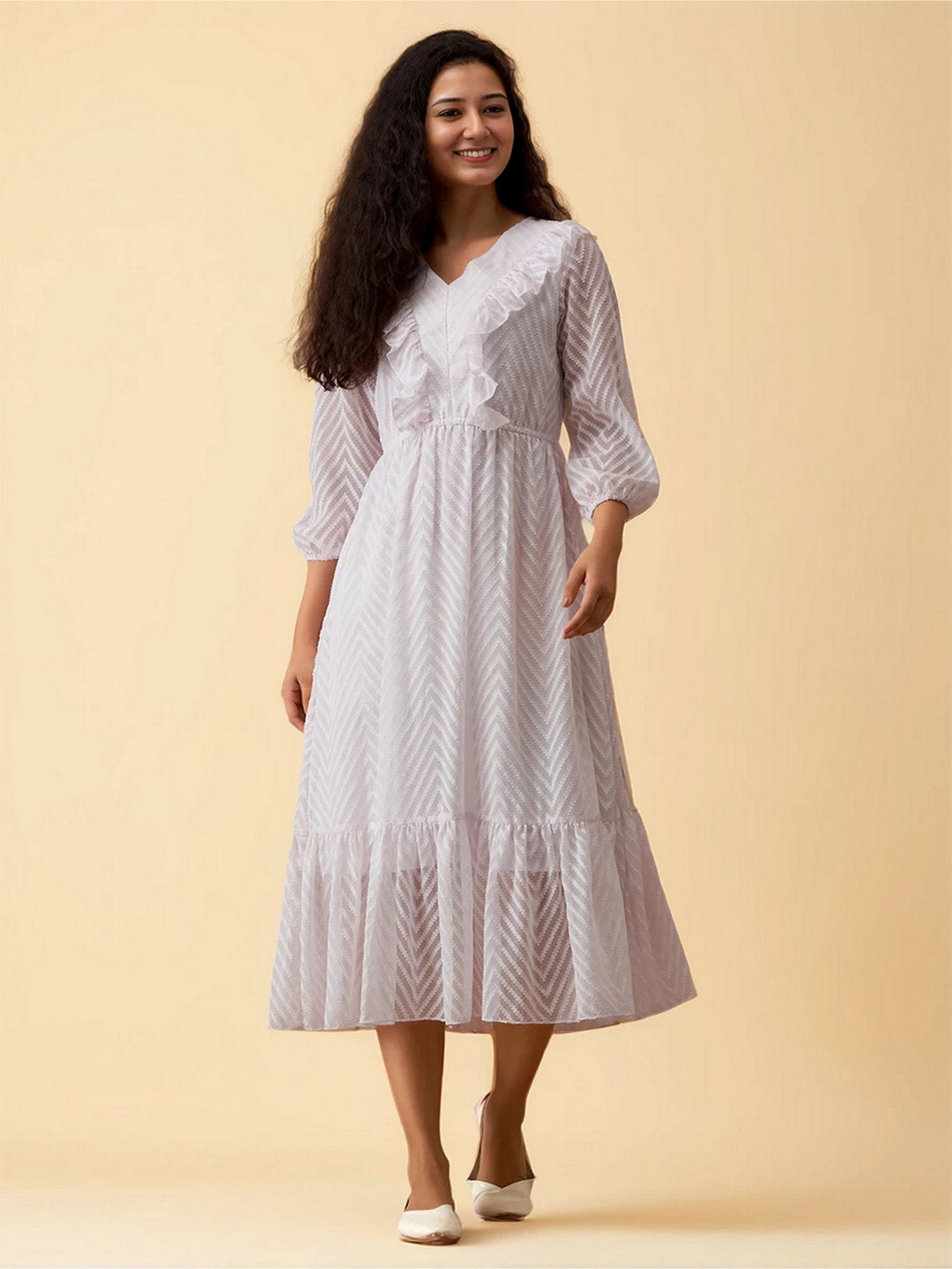 AASK Women's White Self Design Crepe Fit and Flare Calf Length Dress