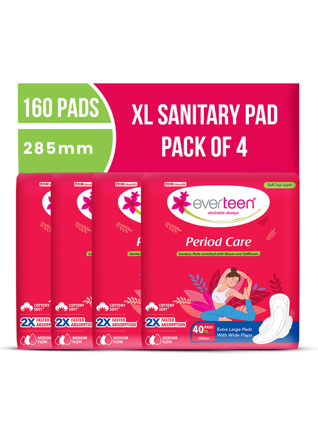 everteen Set Of 4 Period Care Sanitary Pads For Medium Flow - 40 Pads Each XL