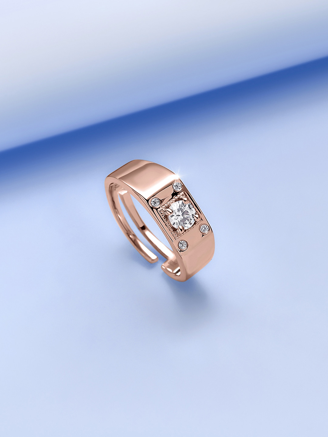 Ornate Jewels Men 925 Silver Rose Gold Plated 1 Carat AD Studded Sunshine Adjustable Ring