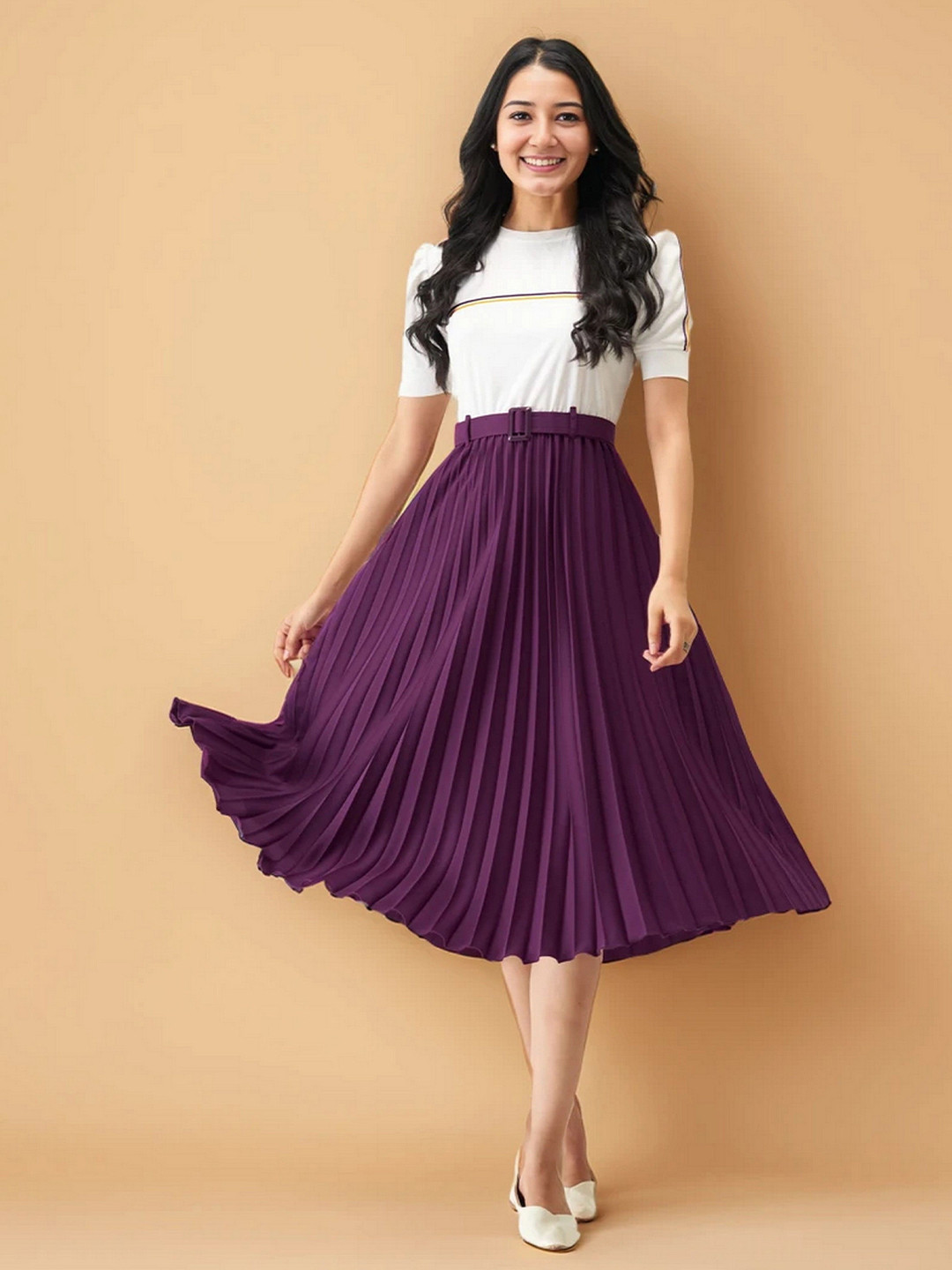 Aask Women's Wine Solid Crepe Fit and Flare Calf Length Dress