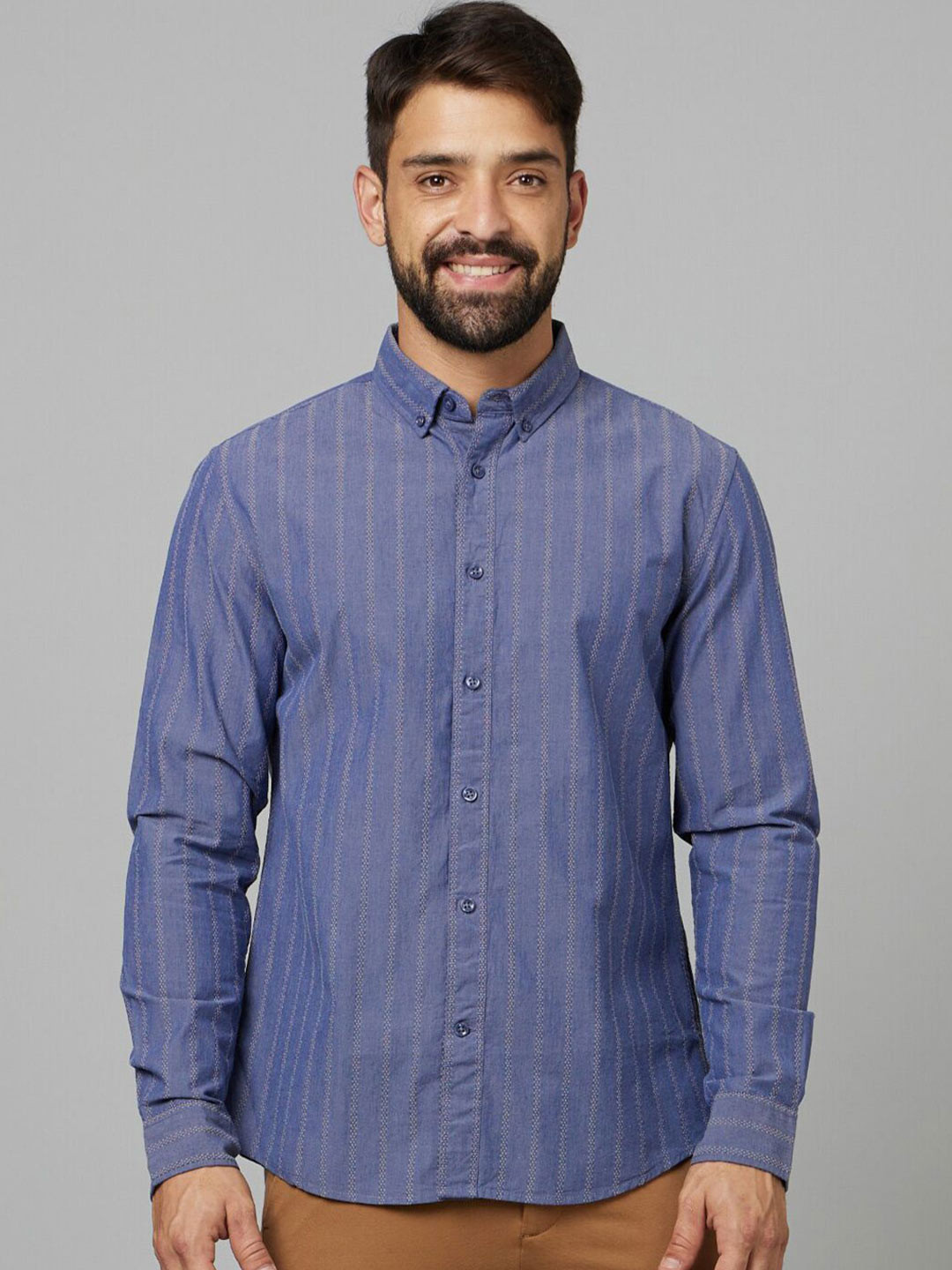 Celio Regular Fit Striped Cotton Button-Down Collar Casual Shirt