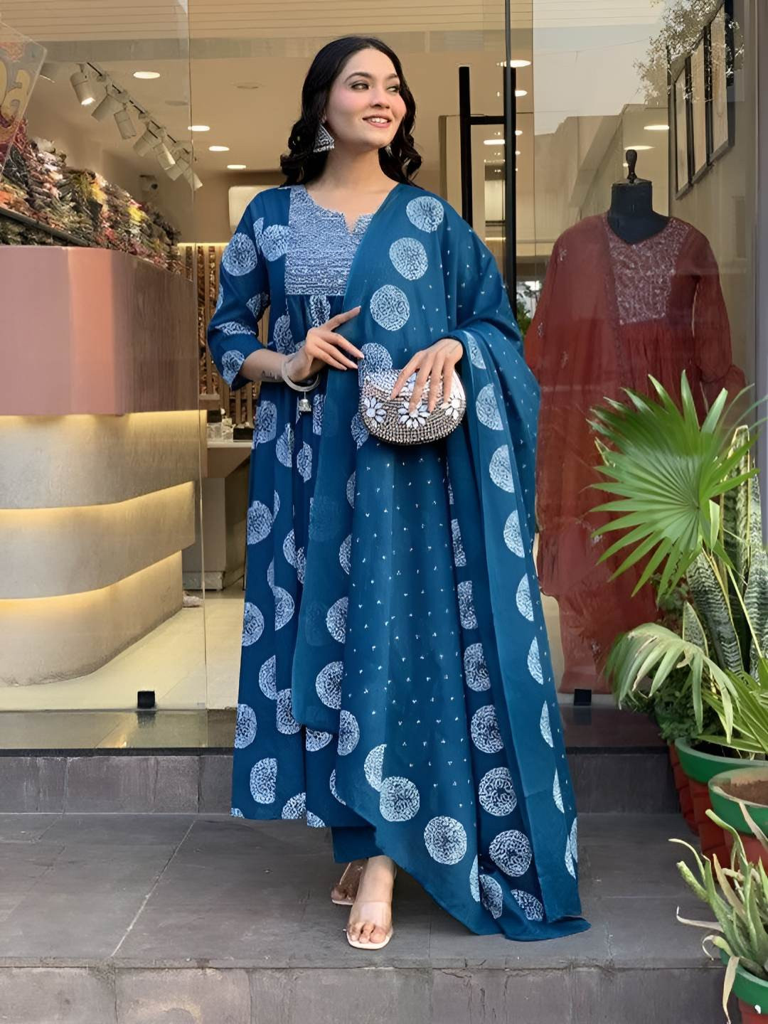 Rangnavi Geometric Printed V-Neck A-Line Panelled Kurta With Trouser & Dupatta