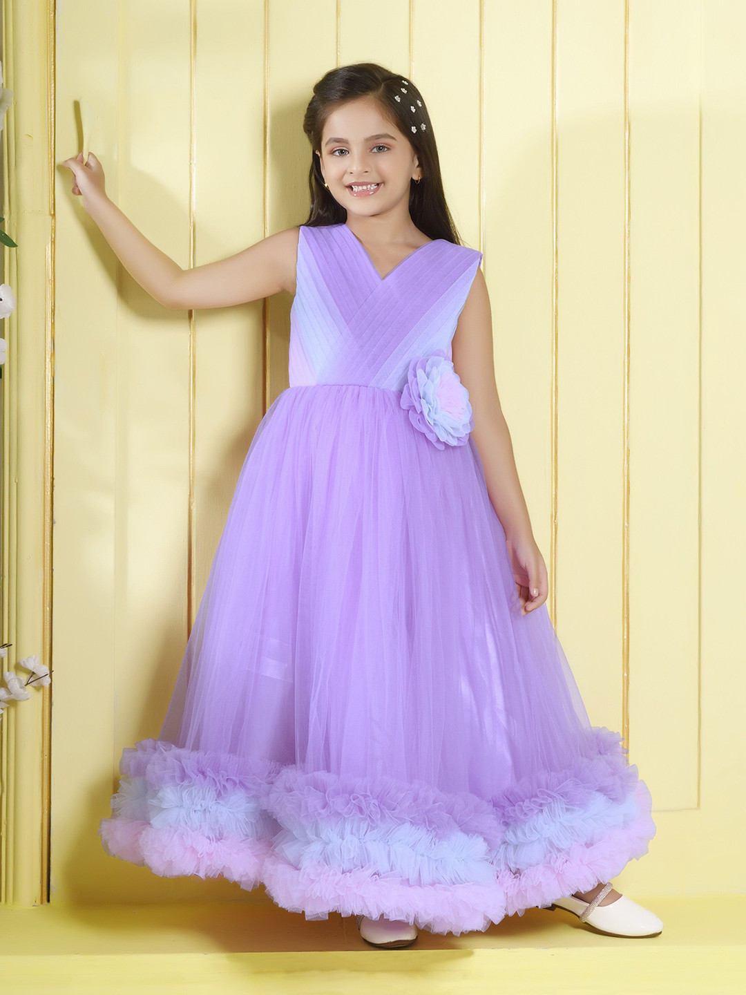 Ministitch Girls Self Design V-Neck Net Gown Dress