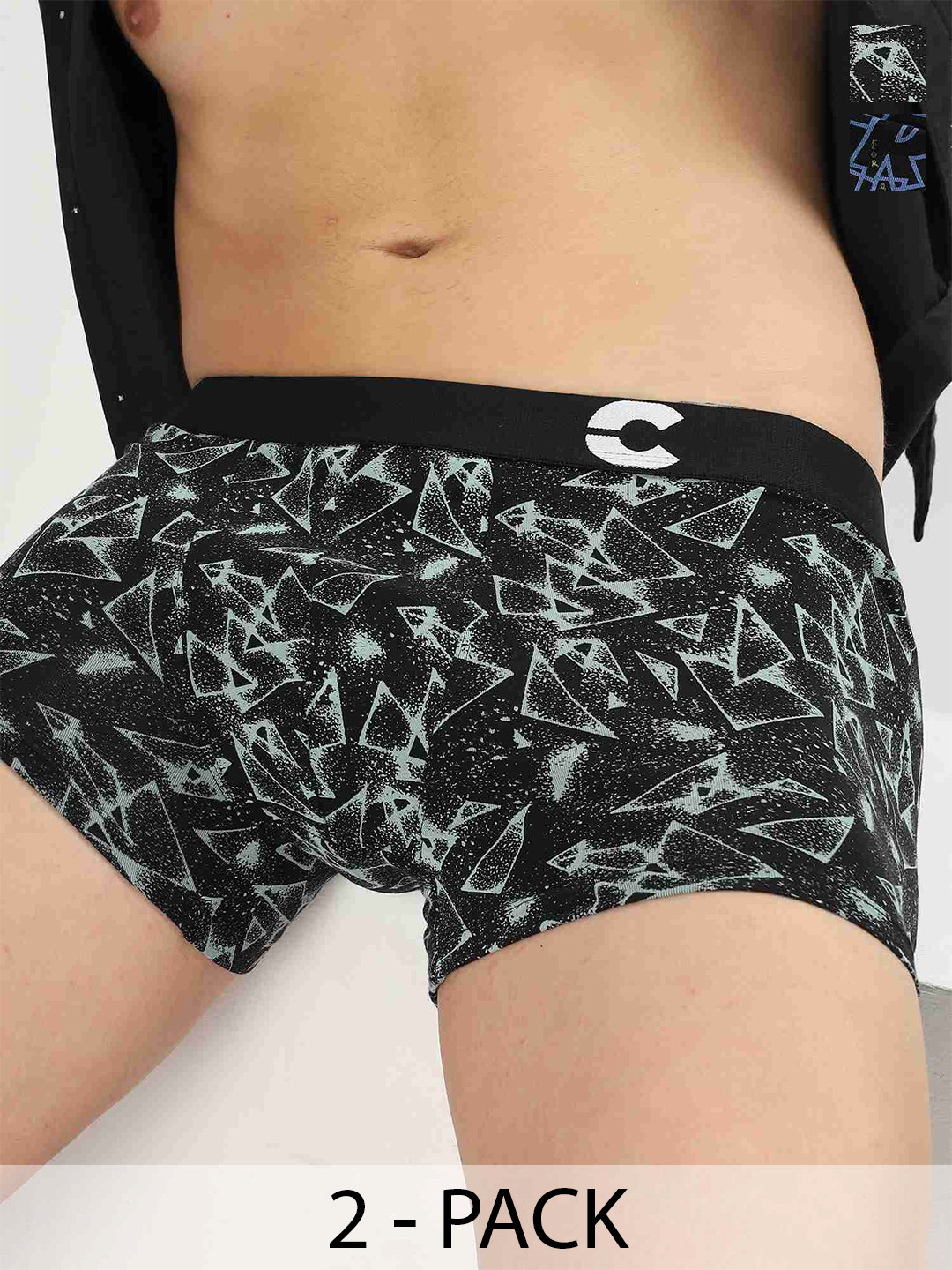 FREECULTR Pack Of 2 Printed Anti Bacterial Cotton Long Trunks FC-CTN-PT-T-LG-NLBLK-FCBLK