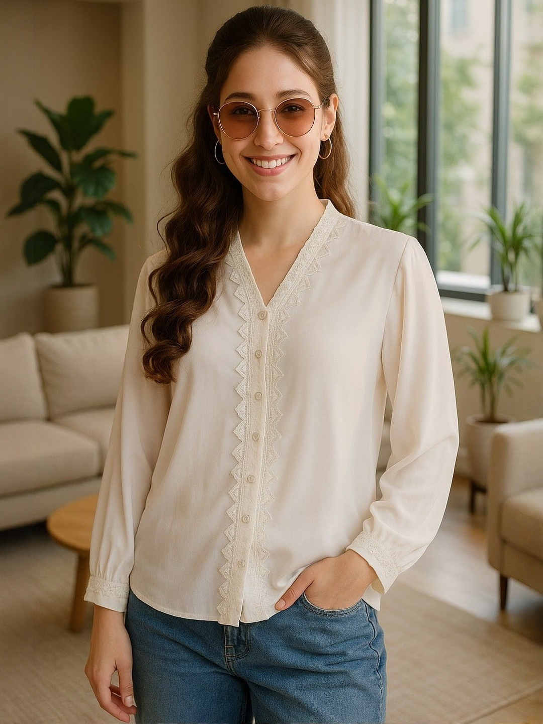 DressBerry Women White Solid Classic Semiformal Lace Collar Shirt