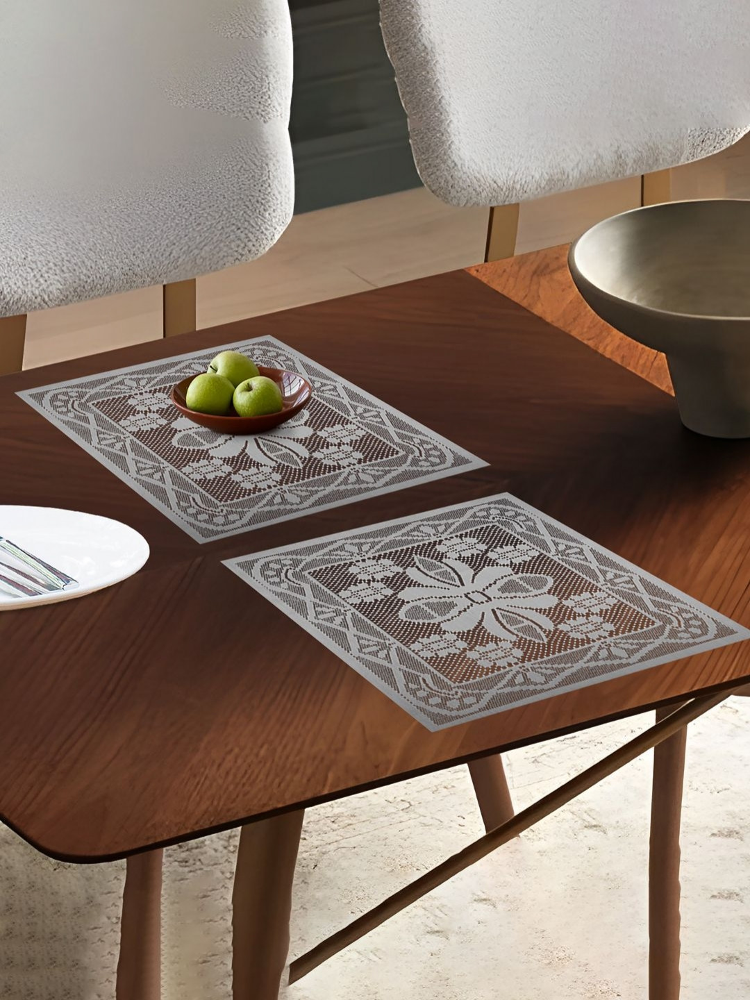 Aura White 2 Pieces Self-Design Cotton Recantgle Shape Table Placemats