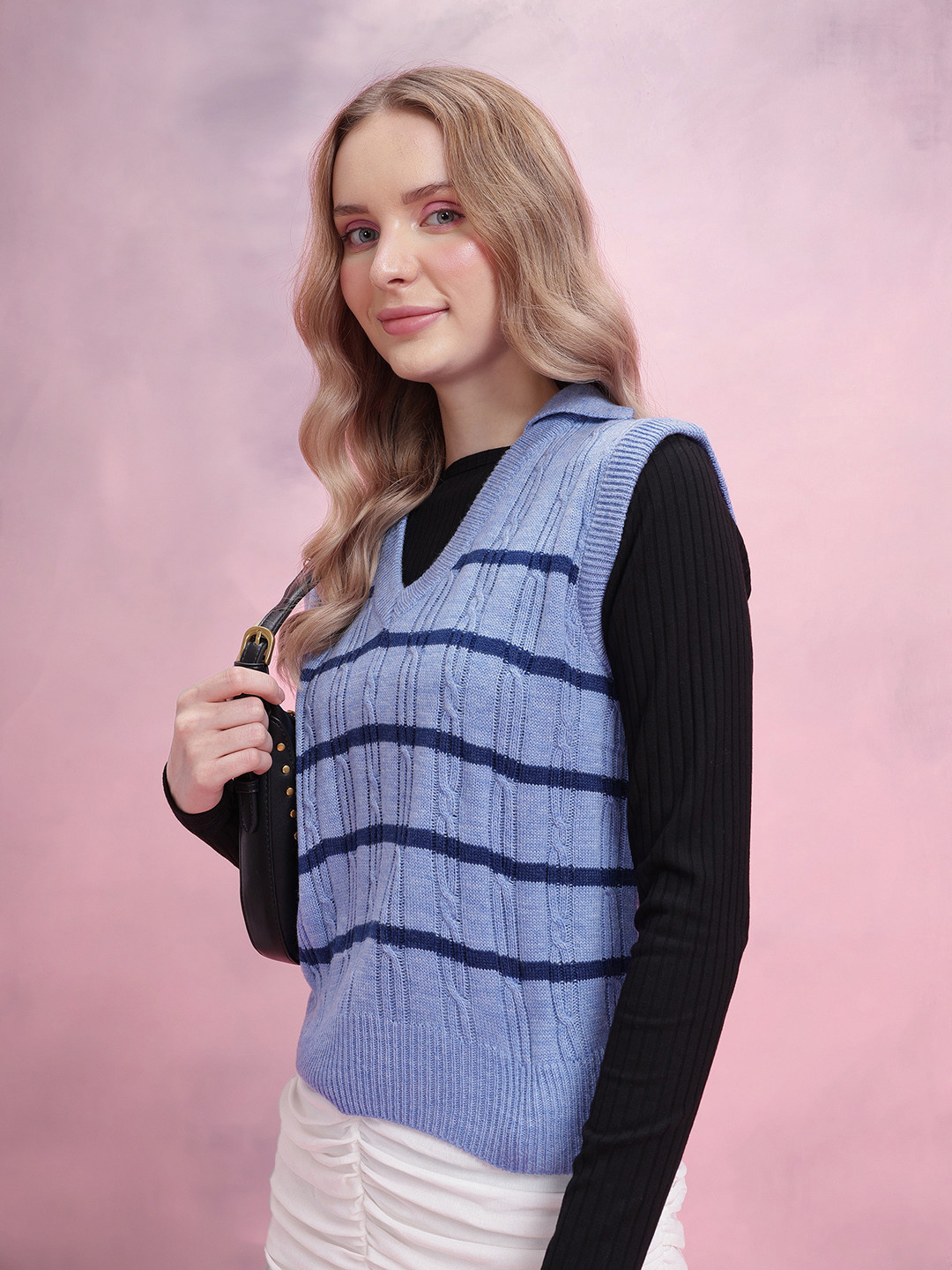 DressBerry Striped Cable Knit Sweater Vest