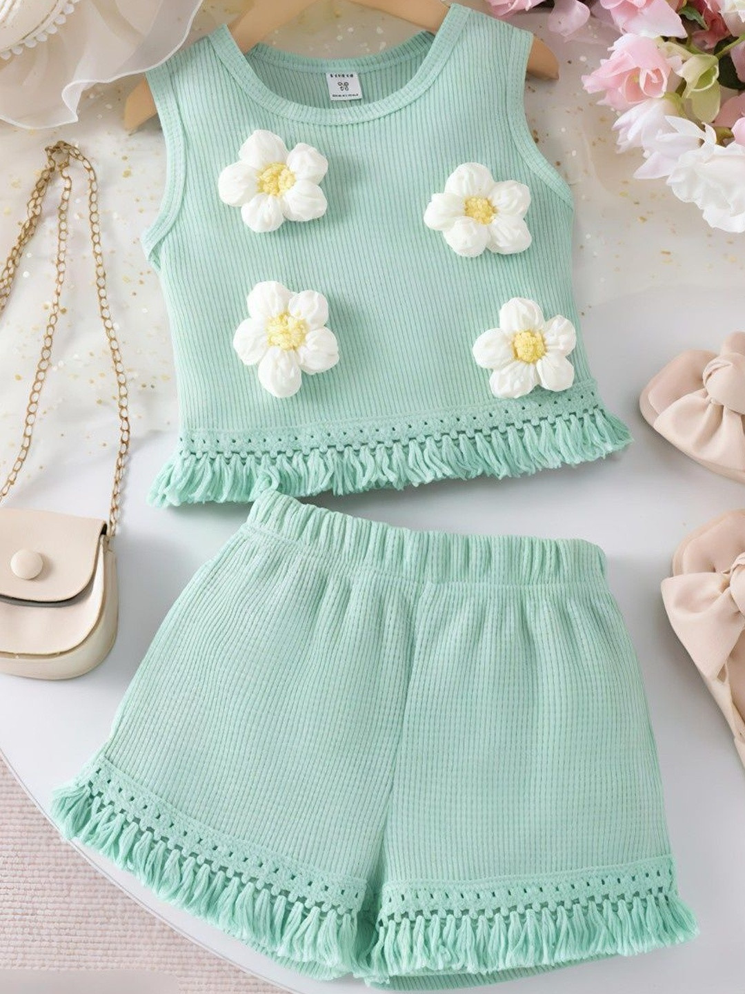 Jhilik Garments Girls Sea Green Sleeveless Floral Top & Shorts Set