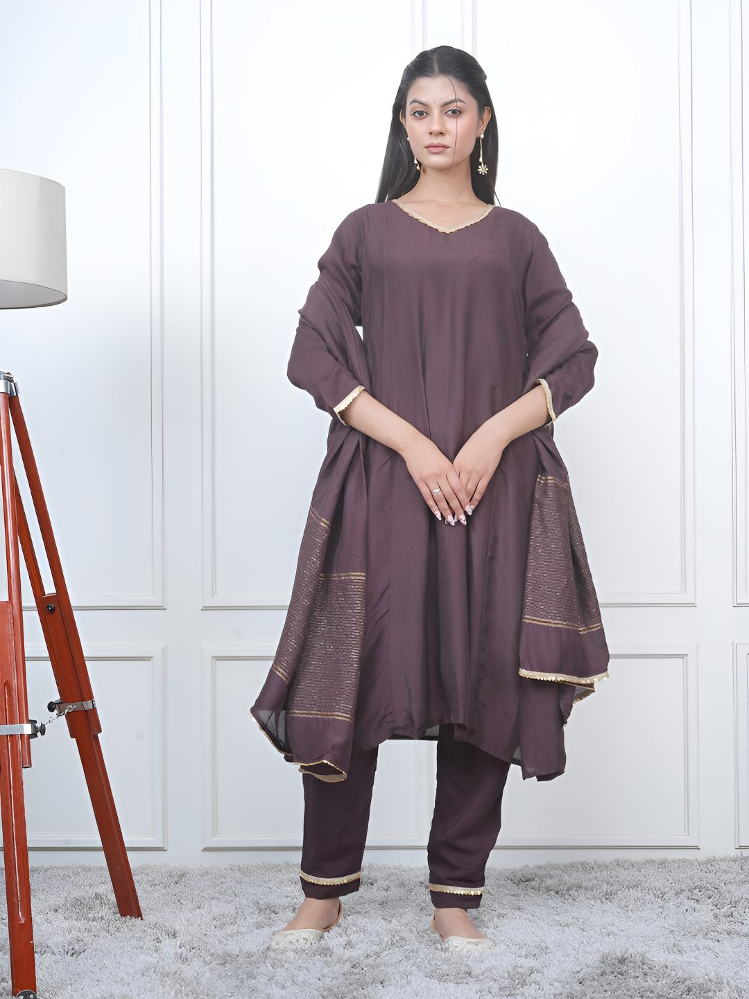 EESHA GUPTA Women Solid A-Line Kurta with Trousers & Dupatta