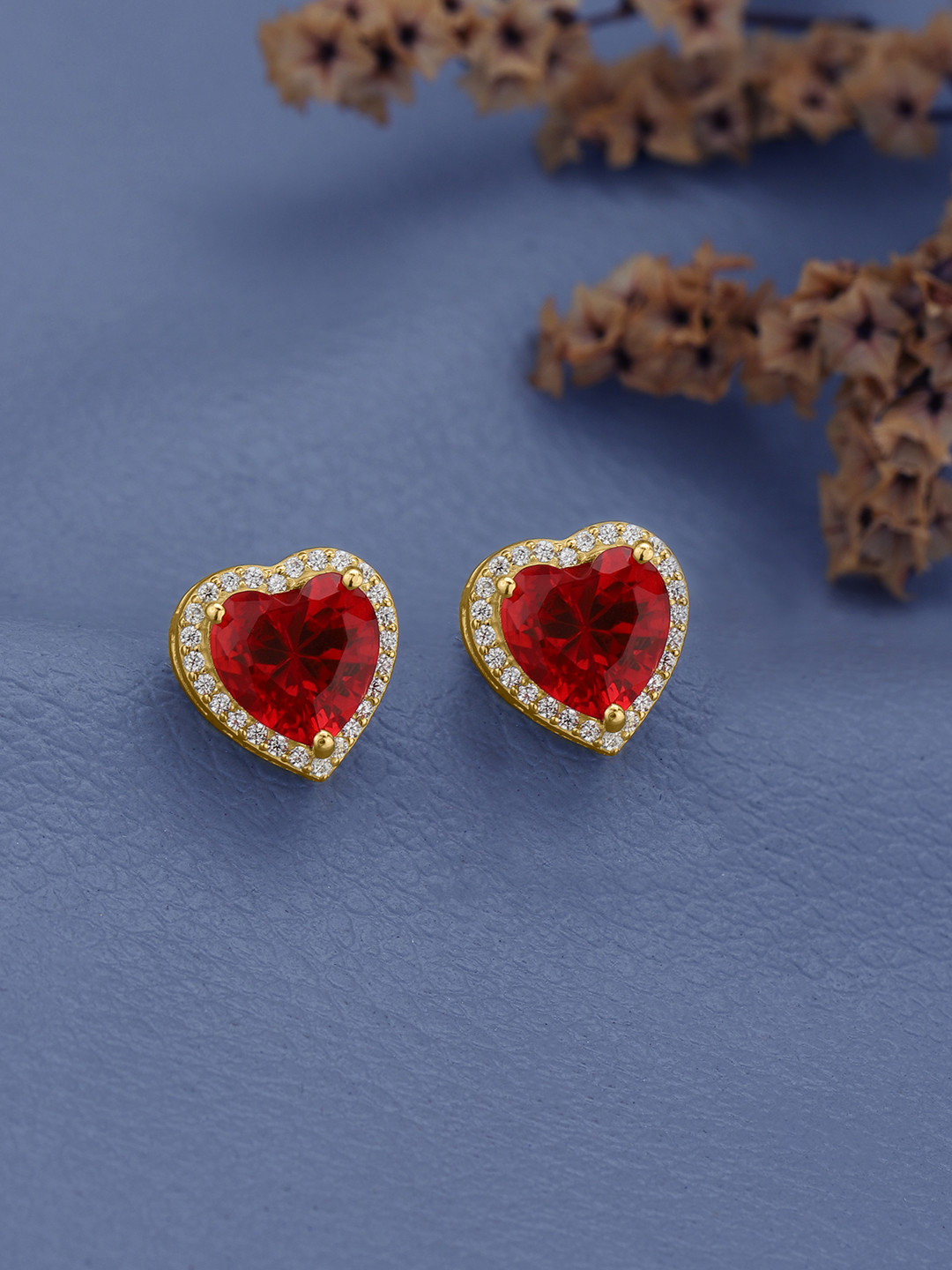 Carlton London 18kt Gold Plated CZ Ruby Heart Stud Earring