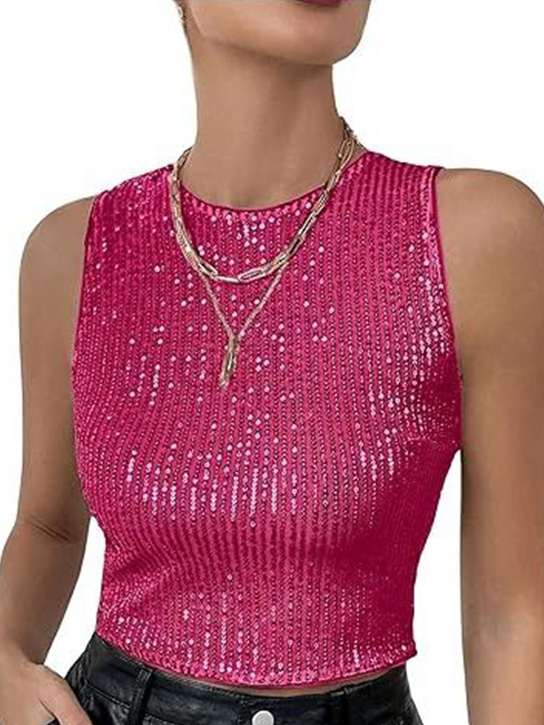 StyleCast Pink Sequined Round Neck Sleeveless Crop Top