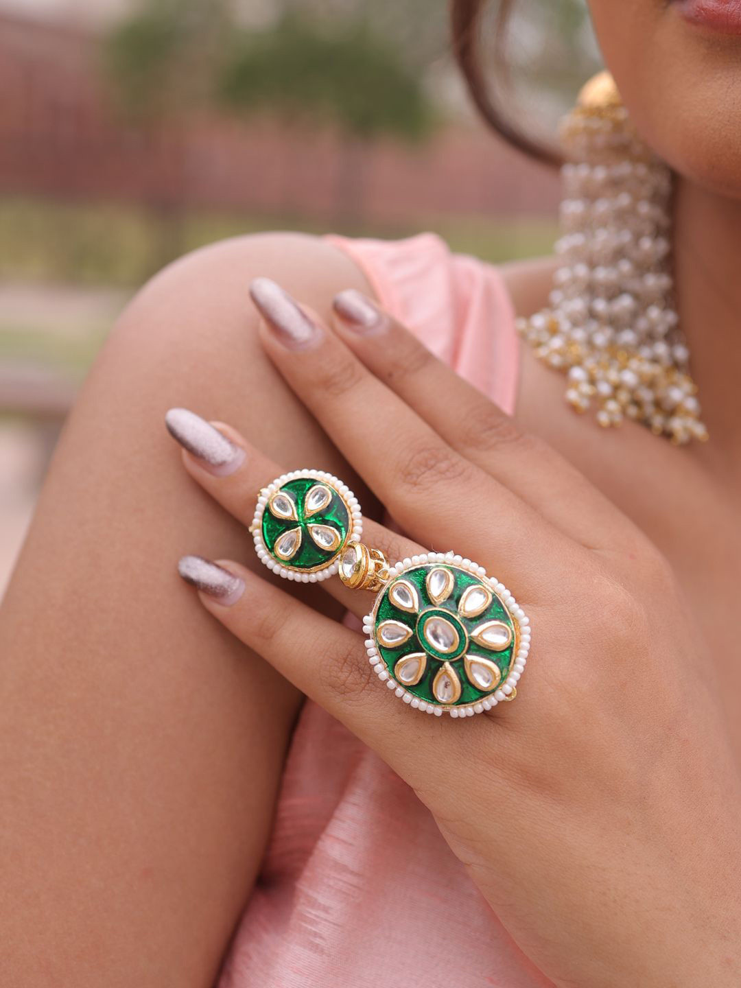 Binnis Wardrobe Aranya Pachi Kundan Studded & Pearls Beaded Adjustable Finger Ring
