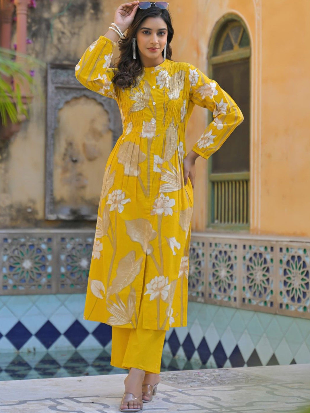 AUTUMN LANE Yutika Amber Floral Printed Pleated A-Line Pure Cotton Kurta With Trouser