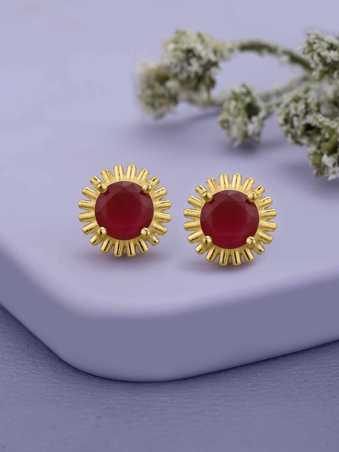 Carlton London 18kt Gold Plated CZ Ruby Sunflower Stud Earring
