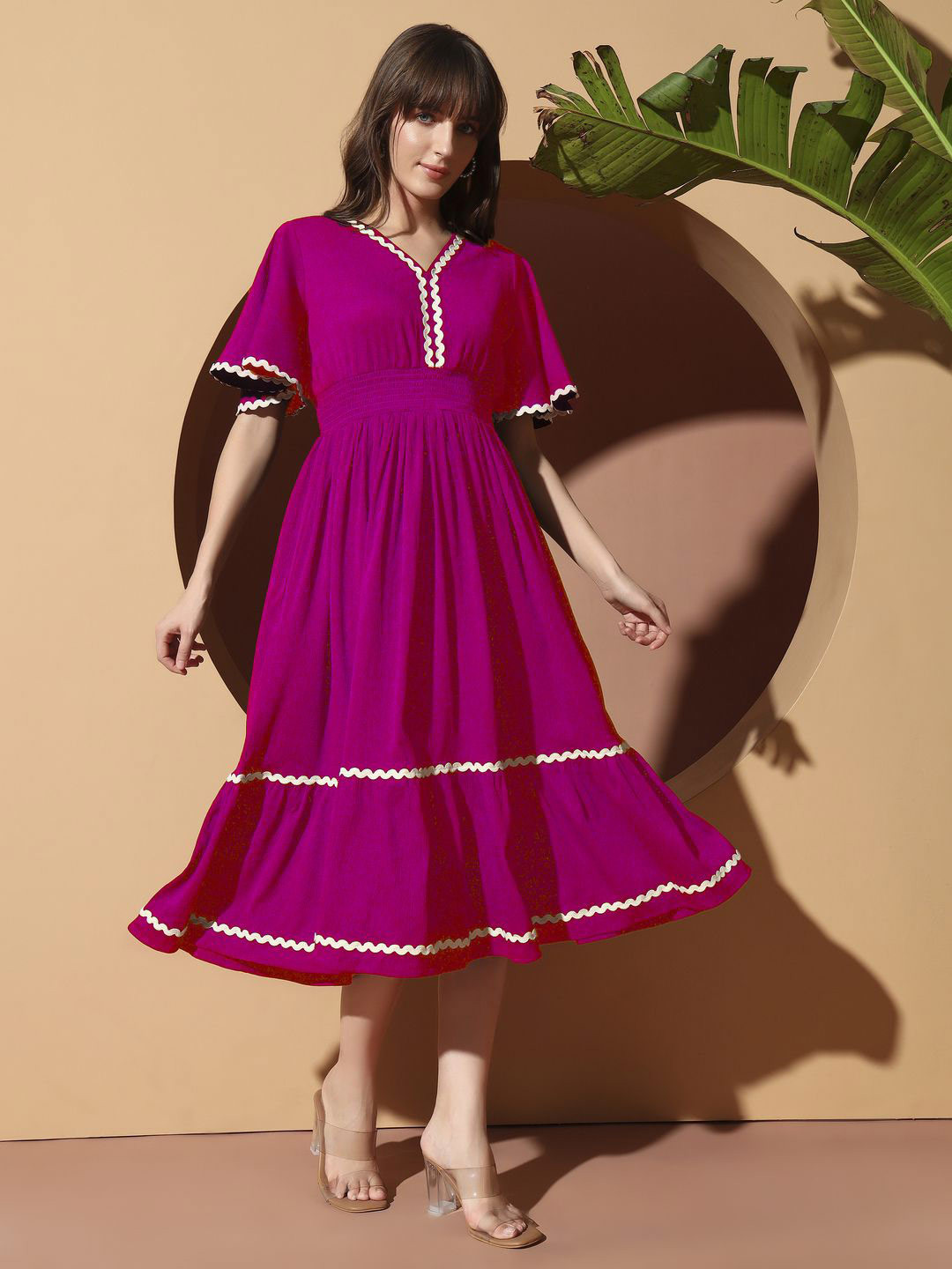 OTABU Women Flared Sleeve Fit-FlareMidi Dress